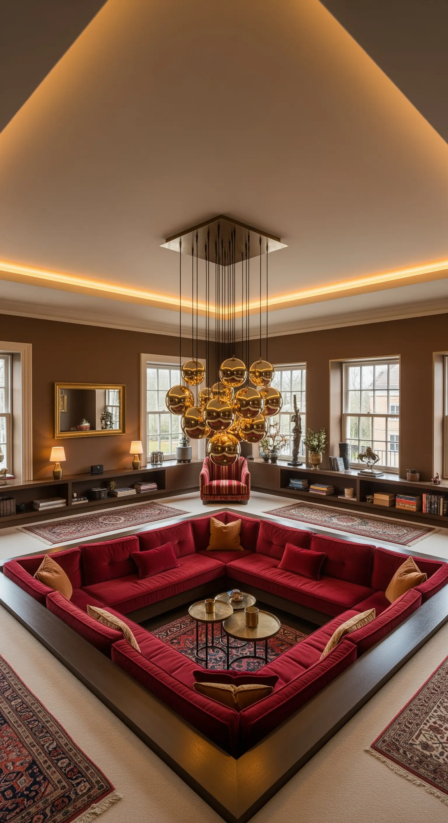 Salotto anni '70 con divano rosso incassato e lampadario a grappolo dorato.