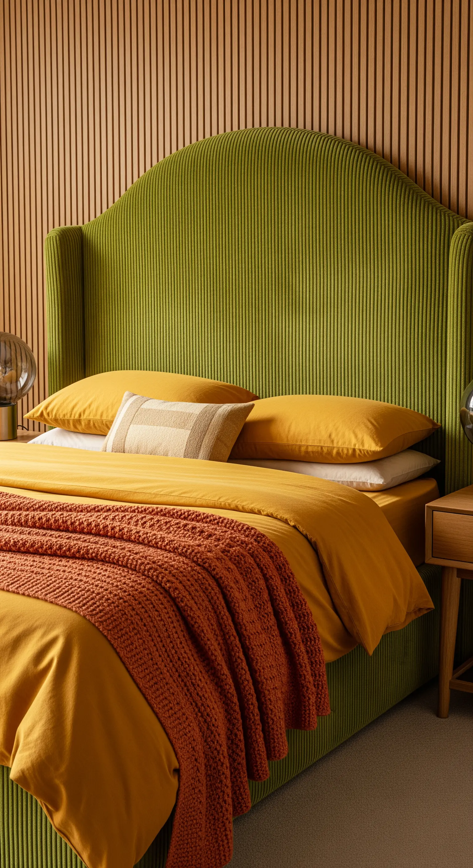 Testiera curva in velluto a coste verde oliva, abbinata a lenzuola senape.
