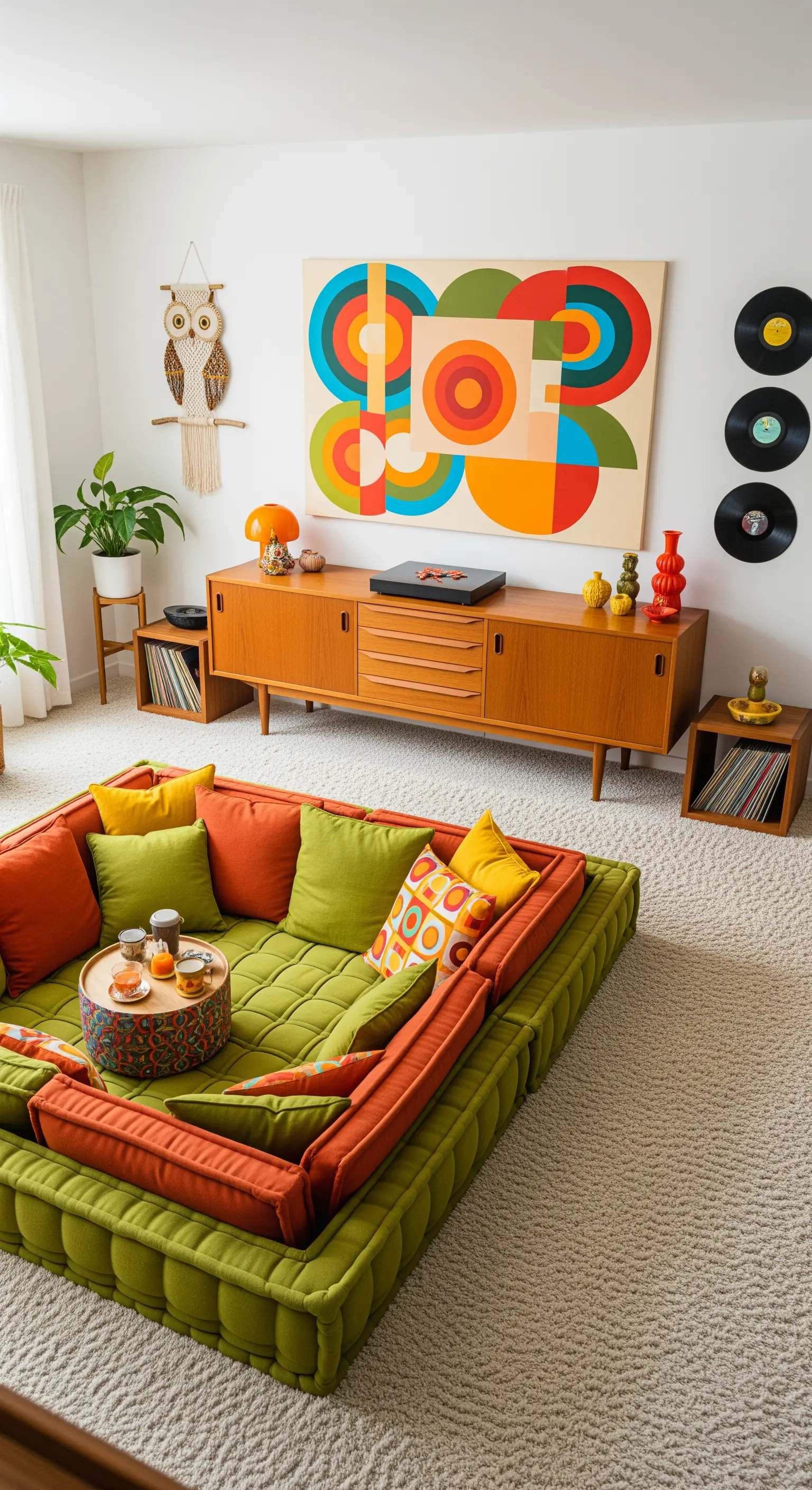 Divano a pozzetto verde e arancione in un salotto in stile anni '70 con mobili in legno.