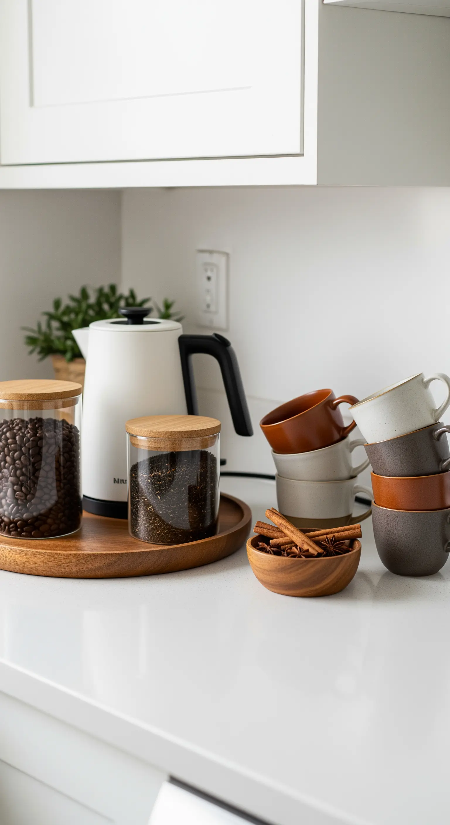 Angolo caffè organizzato su un vassoio di legno con barattoli e tazzine in ceramica.