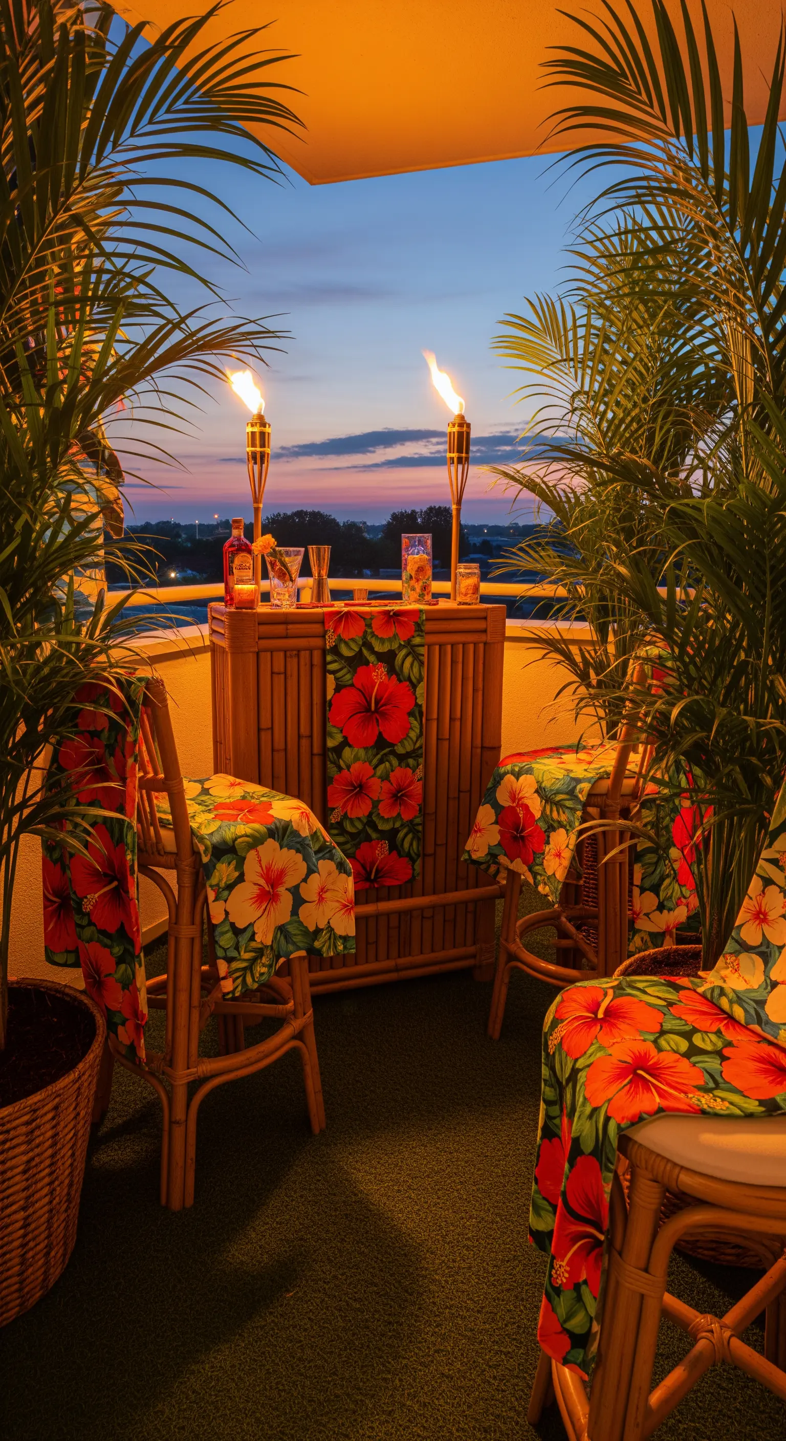 Balcone con bancone bar in bambù, torce tiki accese e tessuti floreali al tramonto.