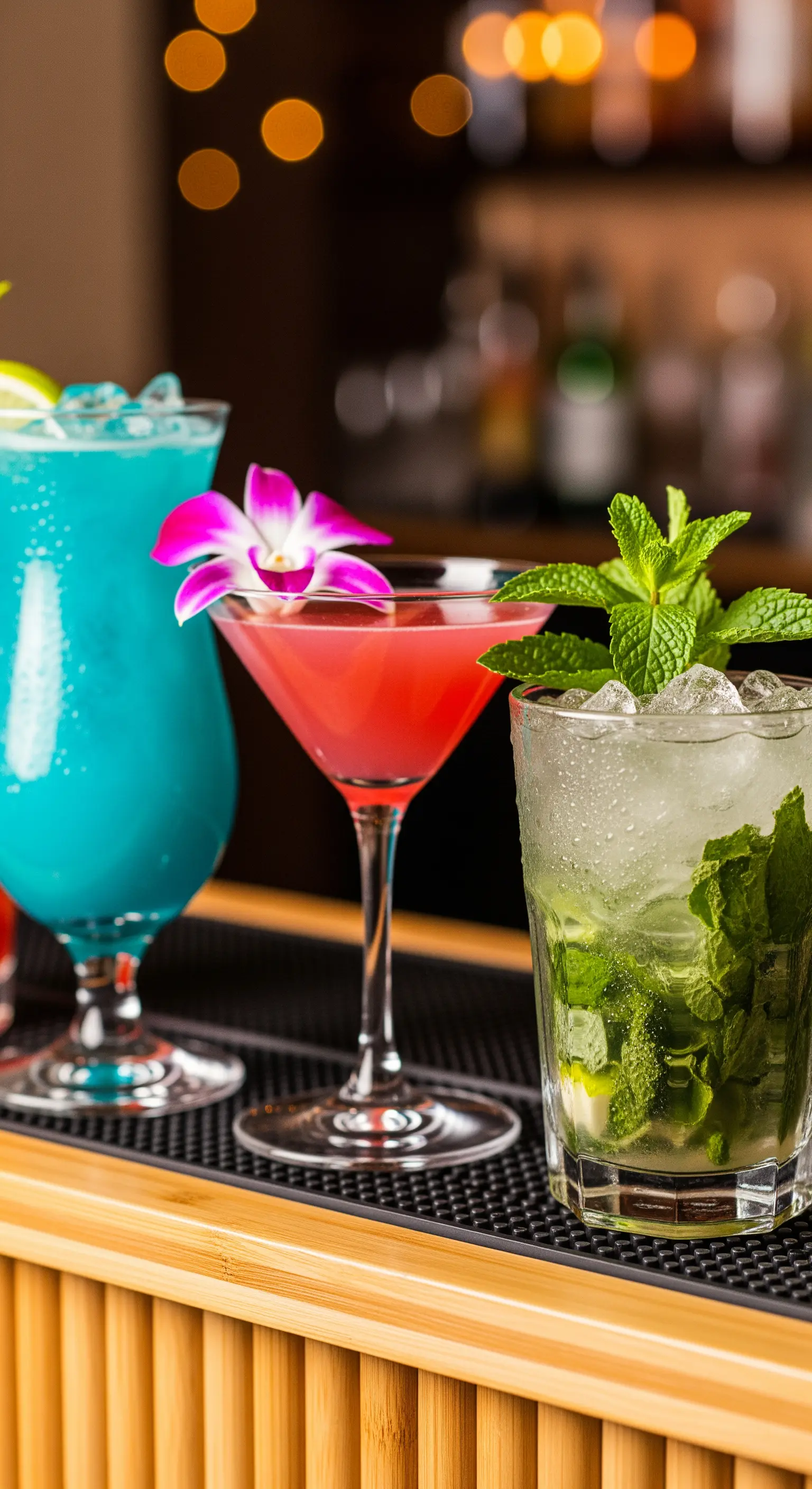 Tre cocktail tropicali colorati - blu, rosa e mojito - su un bancone di bambù.