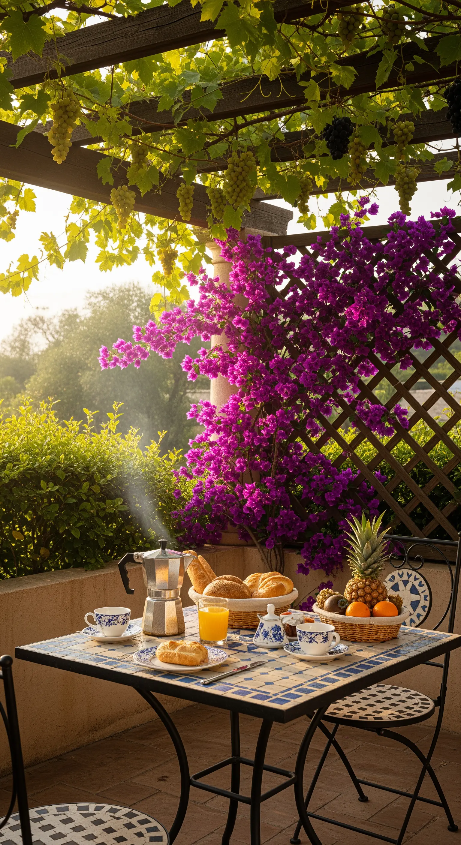 Colazione su un tavolo in mosaico con bouganville fucsia e luce del mattino.