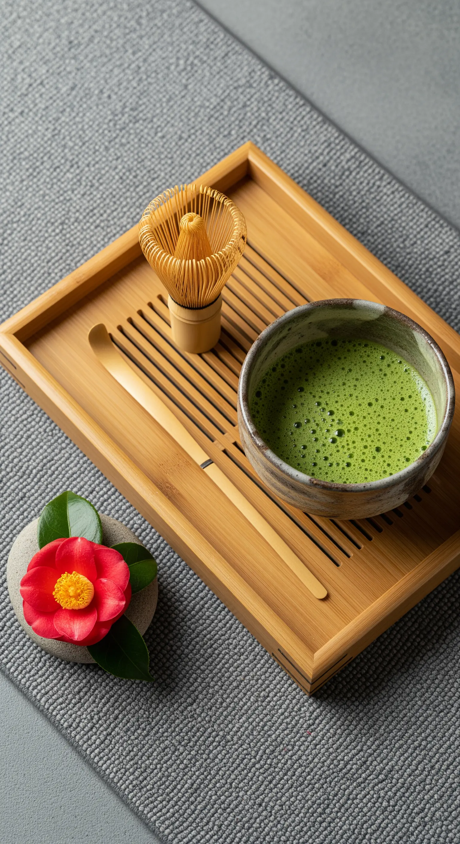 Set per la cerimonia del tè matcha con ciotola, frullino e vassoio di bambù.