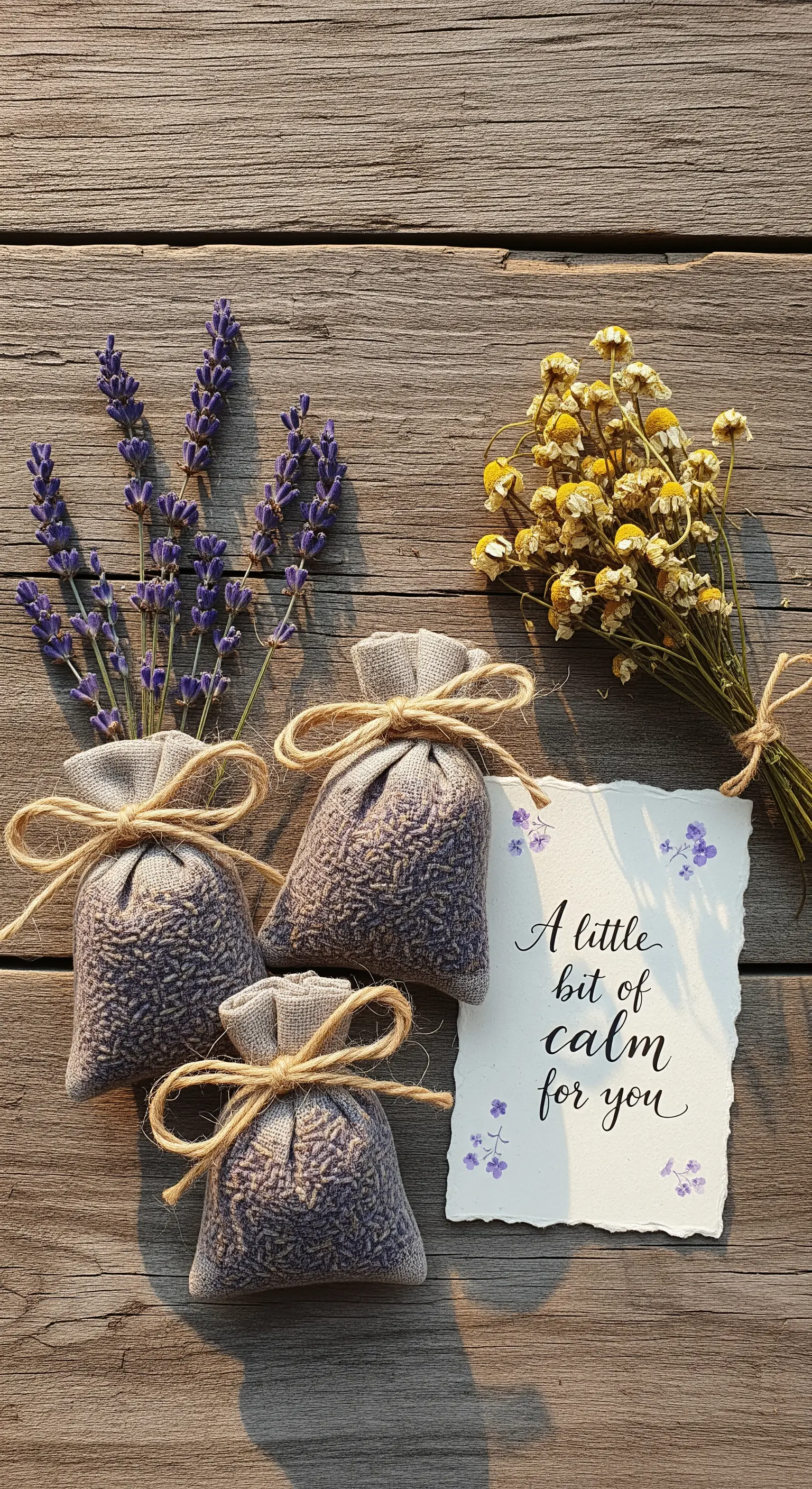 Sacchetti di lino pieni di lavanda, fiori secchi e un biglietto con scritta calligrafica.