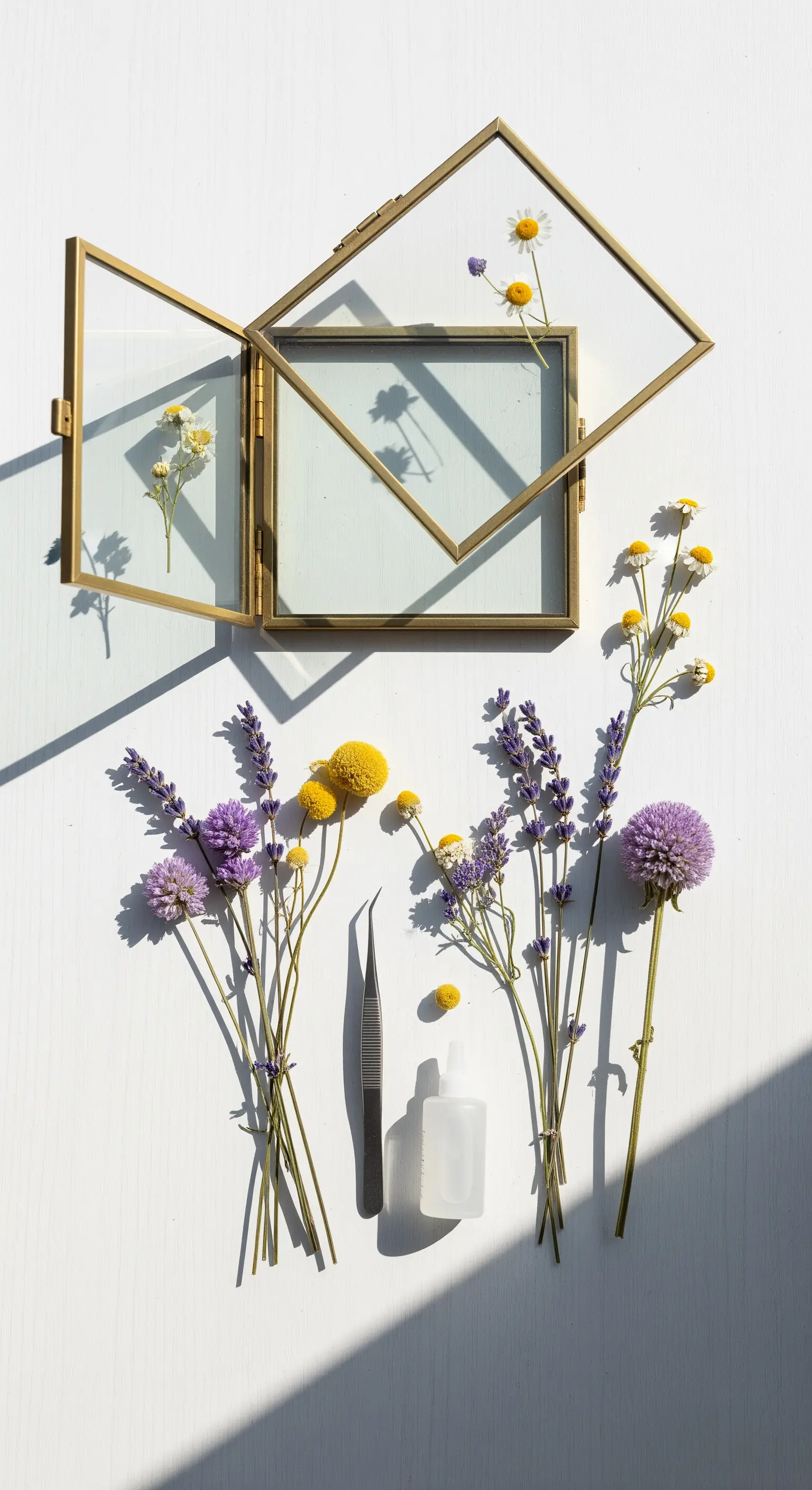 Fiori di campo, pinzette e colla accanto a una cornice in ottone a libro aperta.