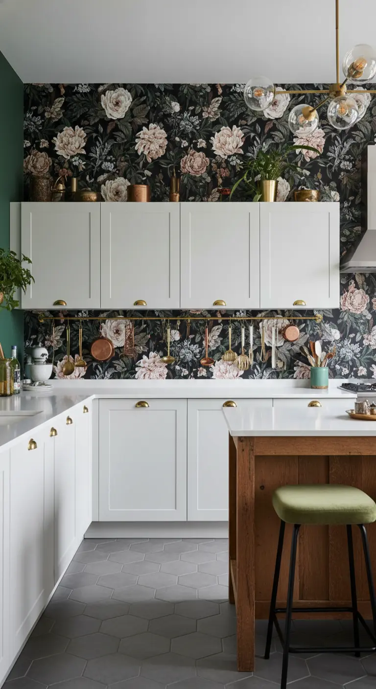 Cucina con carta da parati a fiori scuri, pensili bianchi e dettagli in ottone.