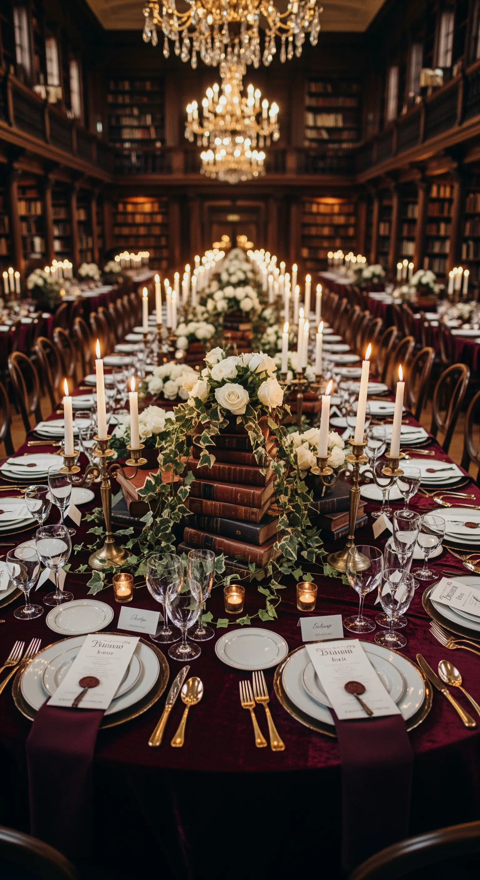 Tavolo da matrimonio con centrotavola di libri antichi, rose bianche ed edera.