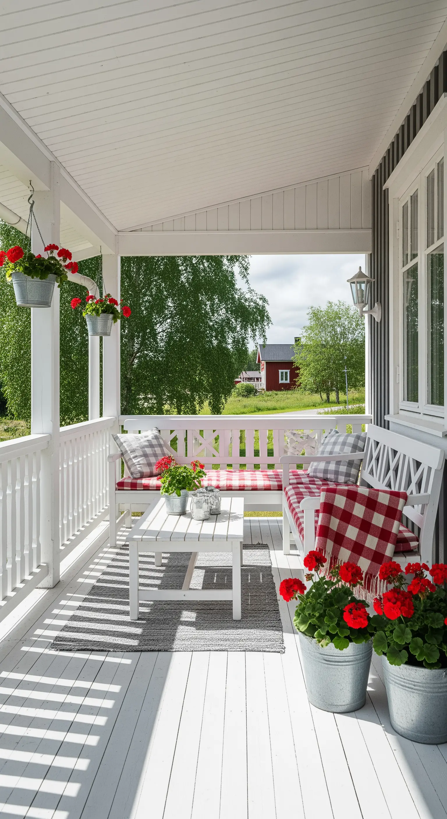 Portico bianco con panca, cuscini a quadri rossi e gerani rossi in vasi di zinco.