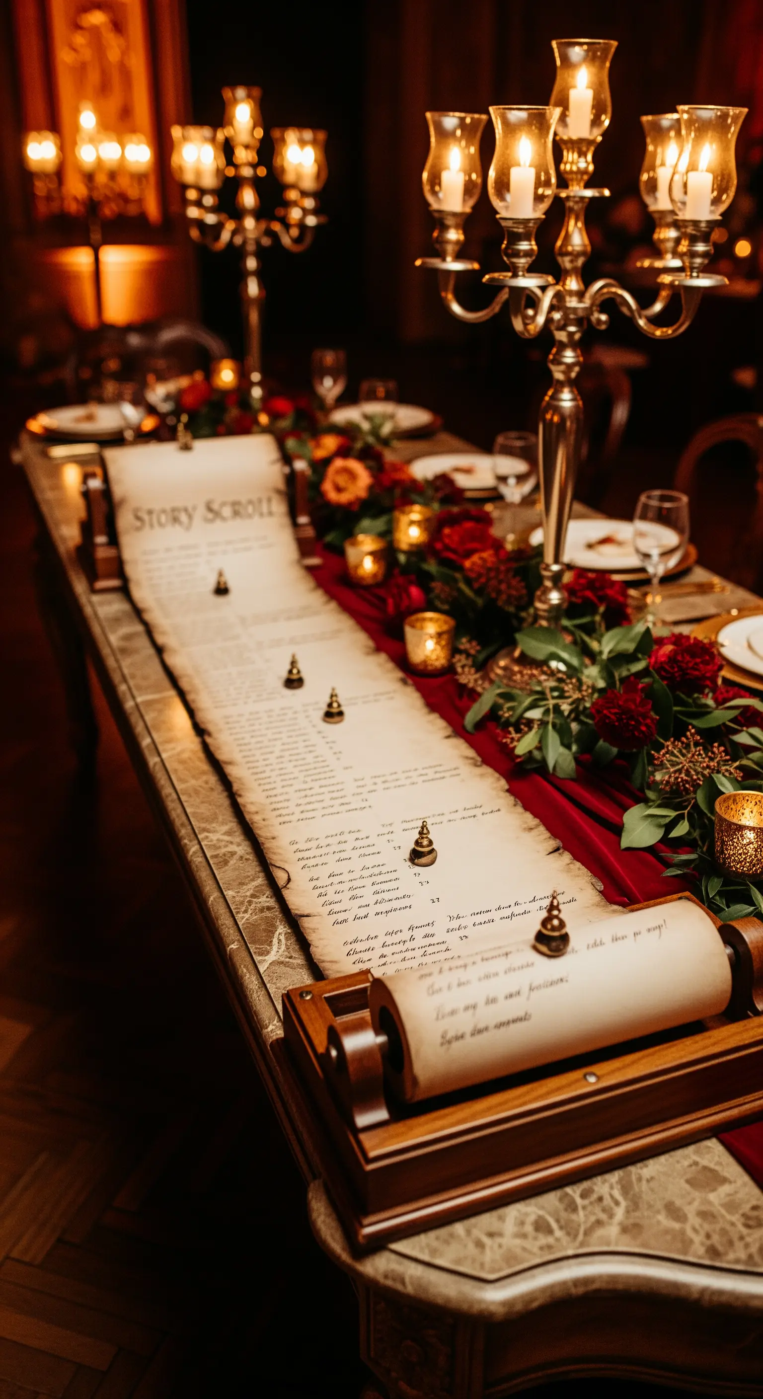 Lunga pergamena su un tavolo elegante per un guestbook a tema storico o fantasy