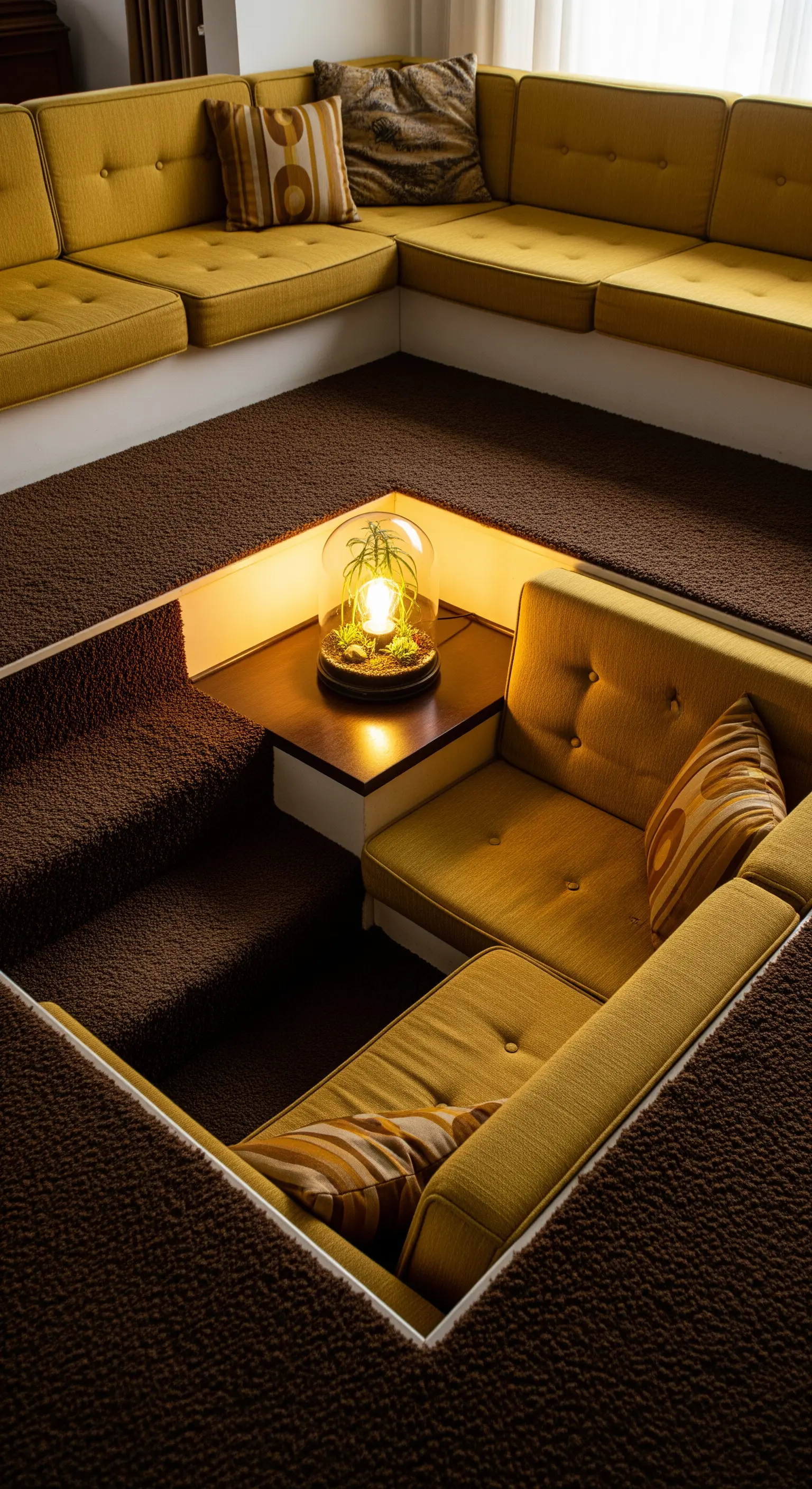 Salotto a pozzo con divani componibili senape e moquette marrone a pelo lungo.