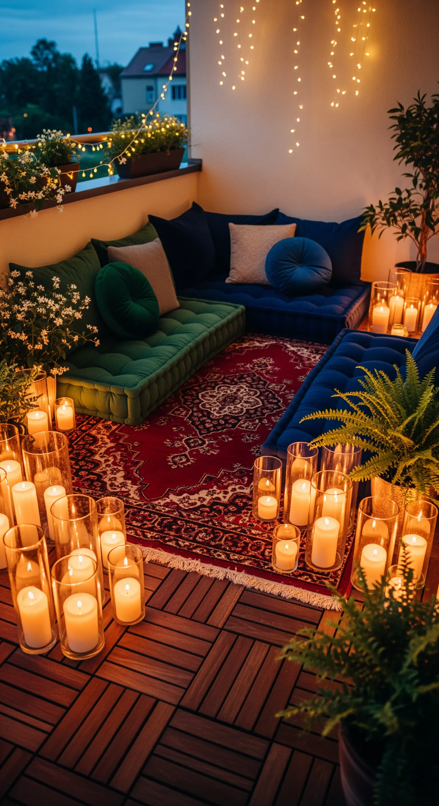 Balcone bohémien con cuscini a terra, tappeto persiano e decine di candele.
