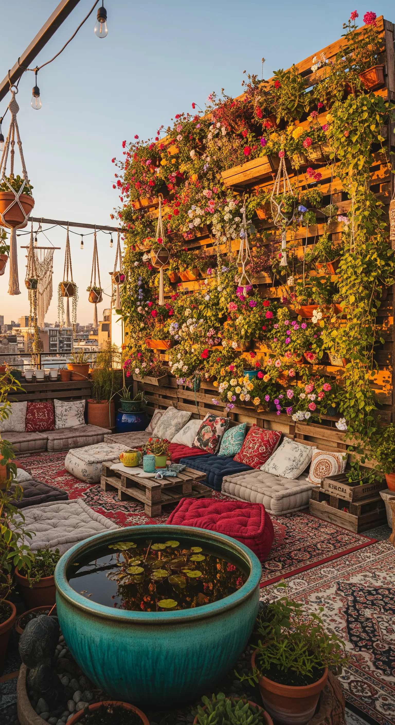 Terrazza in stile bohémien con cuscini, tappeti, parete fiorita e un piccolo stagno in ceramica.