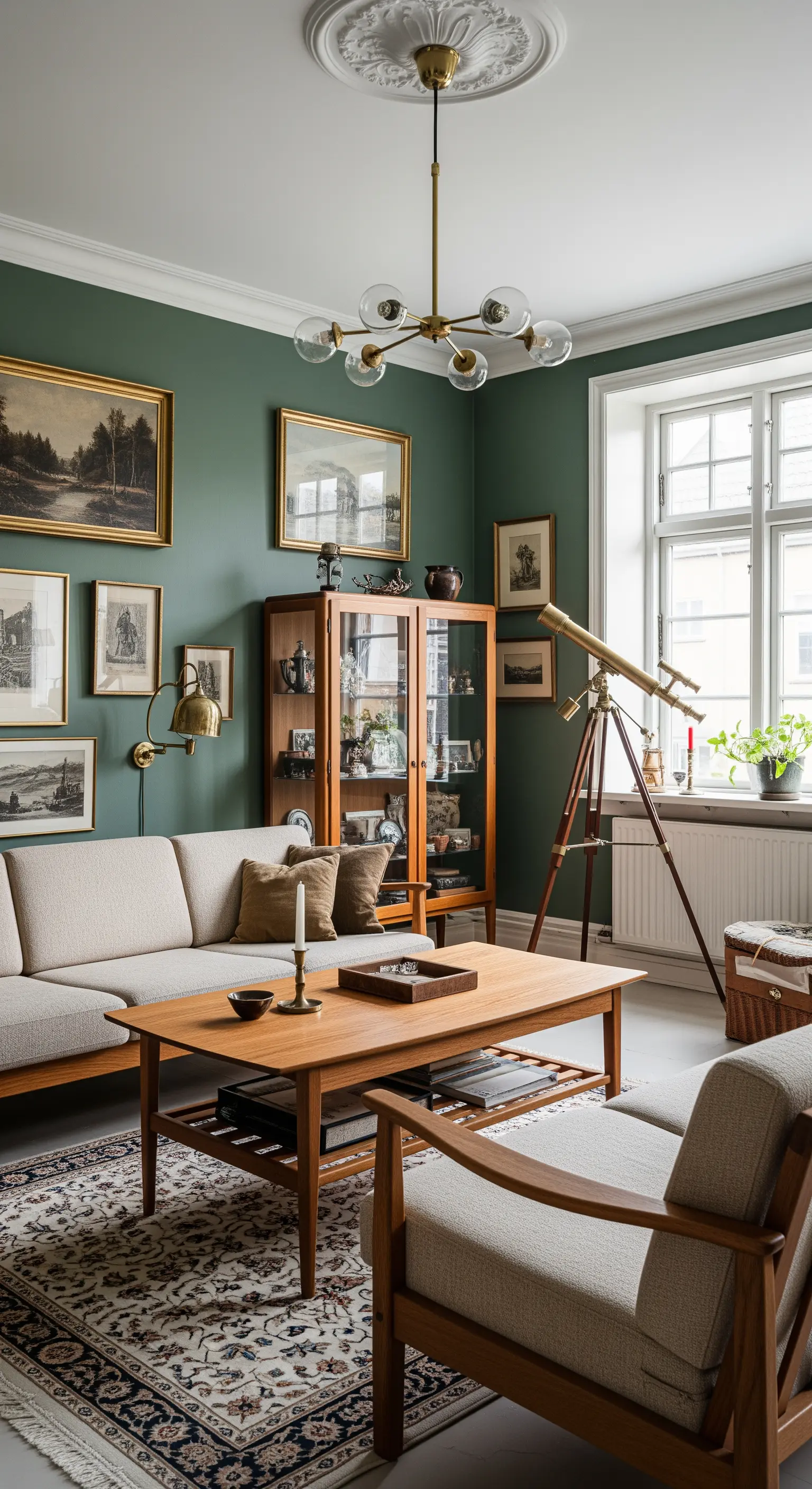 Salotto con pareti verde scuro, divano beige, mobili in legno e una parete galleria.