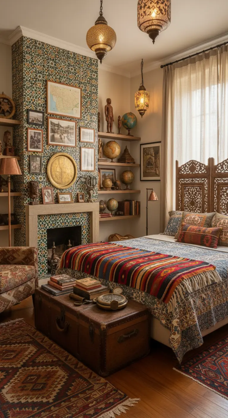 Camera da letto eclettica e massimalista con collezioni di oggetti da viaggio e tappeti sovrapposti.