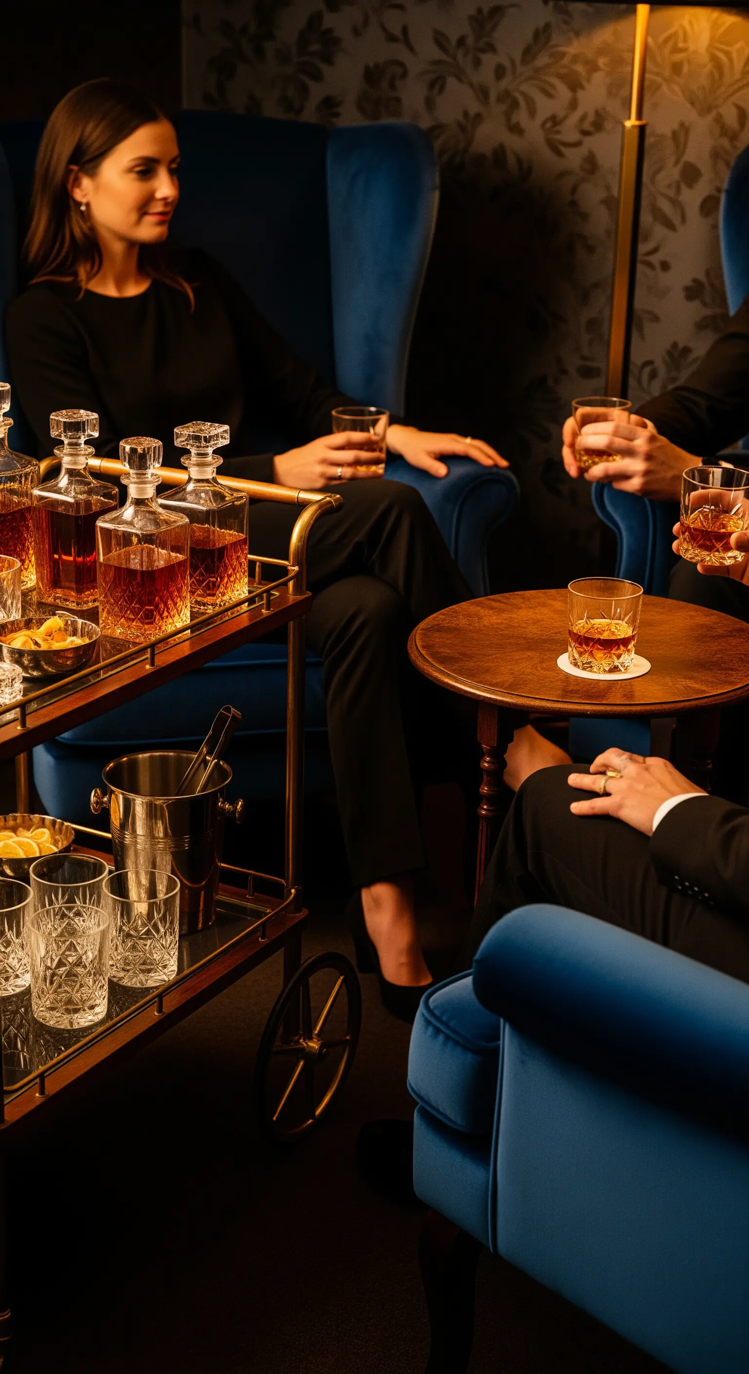 Angolo bar con poltrone in velluto blu, carrello dorato e decanter per whiskey.