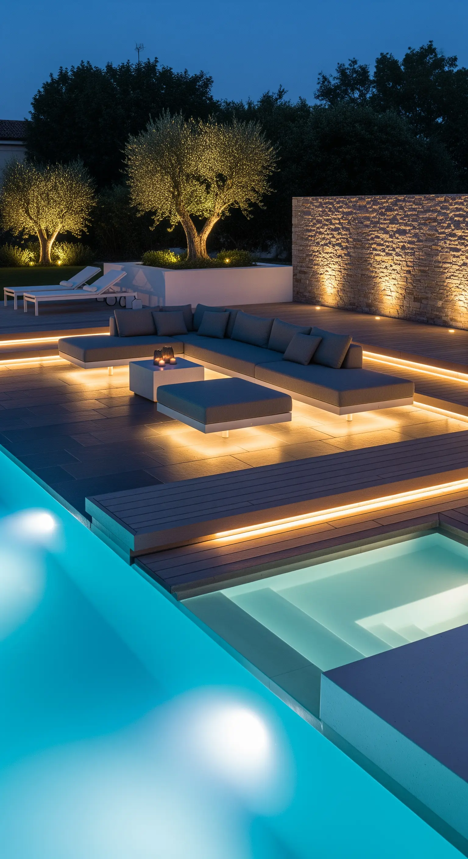 Divano modulare outdoor con illuminazione LED calda sottostante, per un effetto fluttuante a bordo piscina.