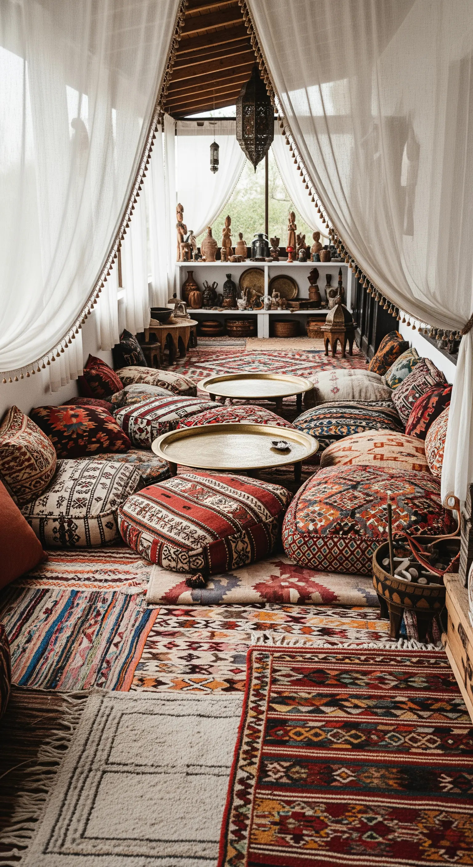 Spazio conviviale con tappeti sovrapposti, cuscini da pavimento e vassoi in ottone come tavolini.