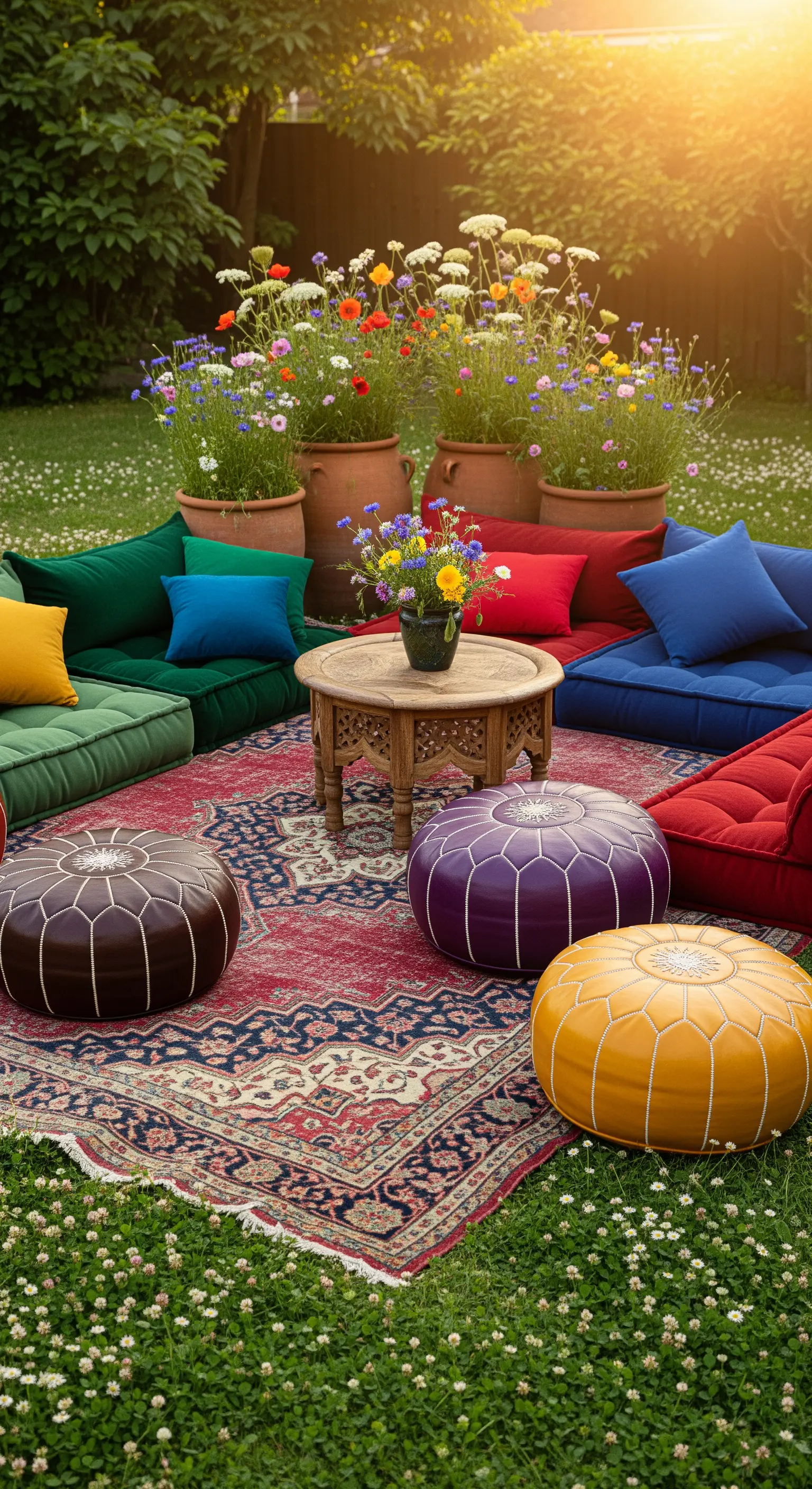 Salotto bohémien in giardino con tappeto persiano, cuscini a terra e pouf in pelle colorati.