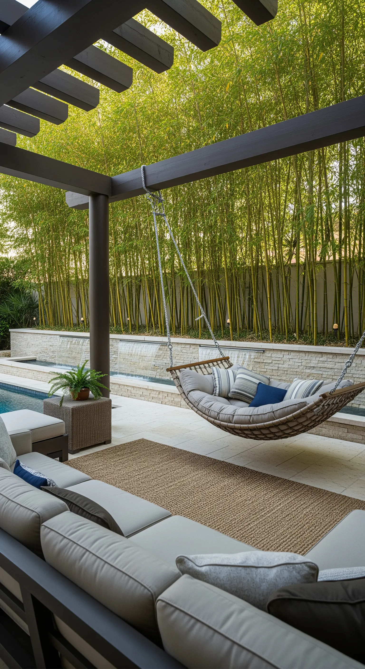 Patio coperto con divano letto sospeso, arredi lounge e parete di bambù.