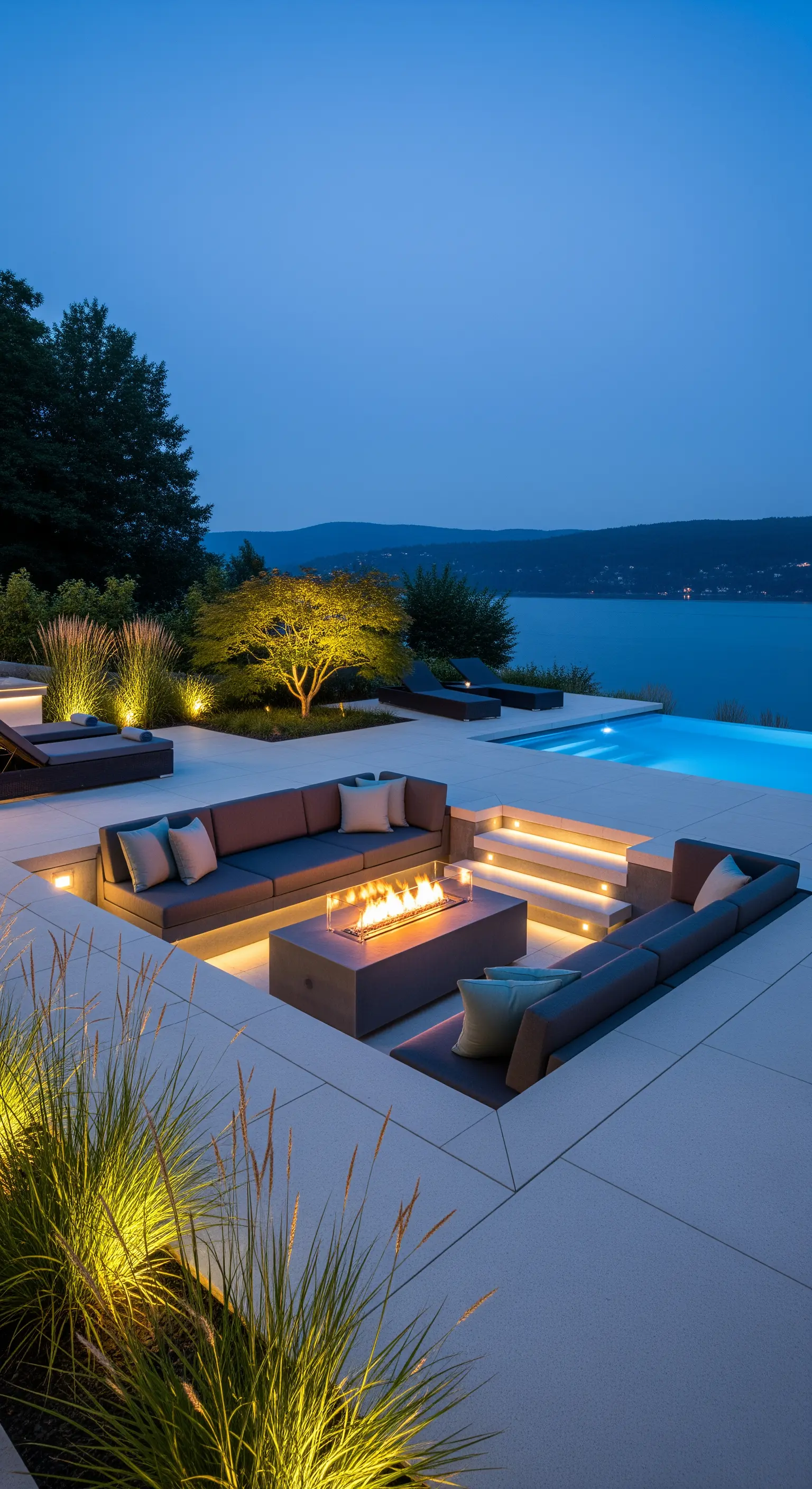 Lounge sommerso con braciere centrale e illuminazione integrata a bordo piscina vista lago