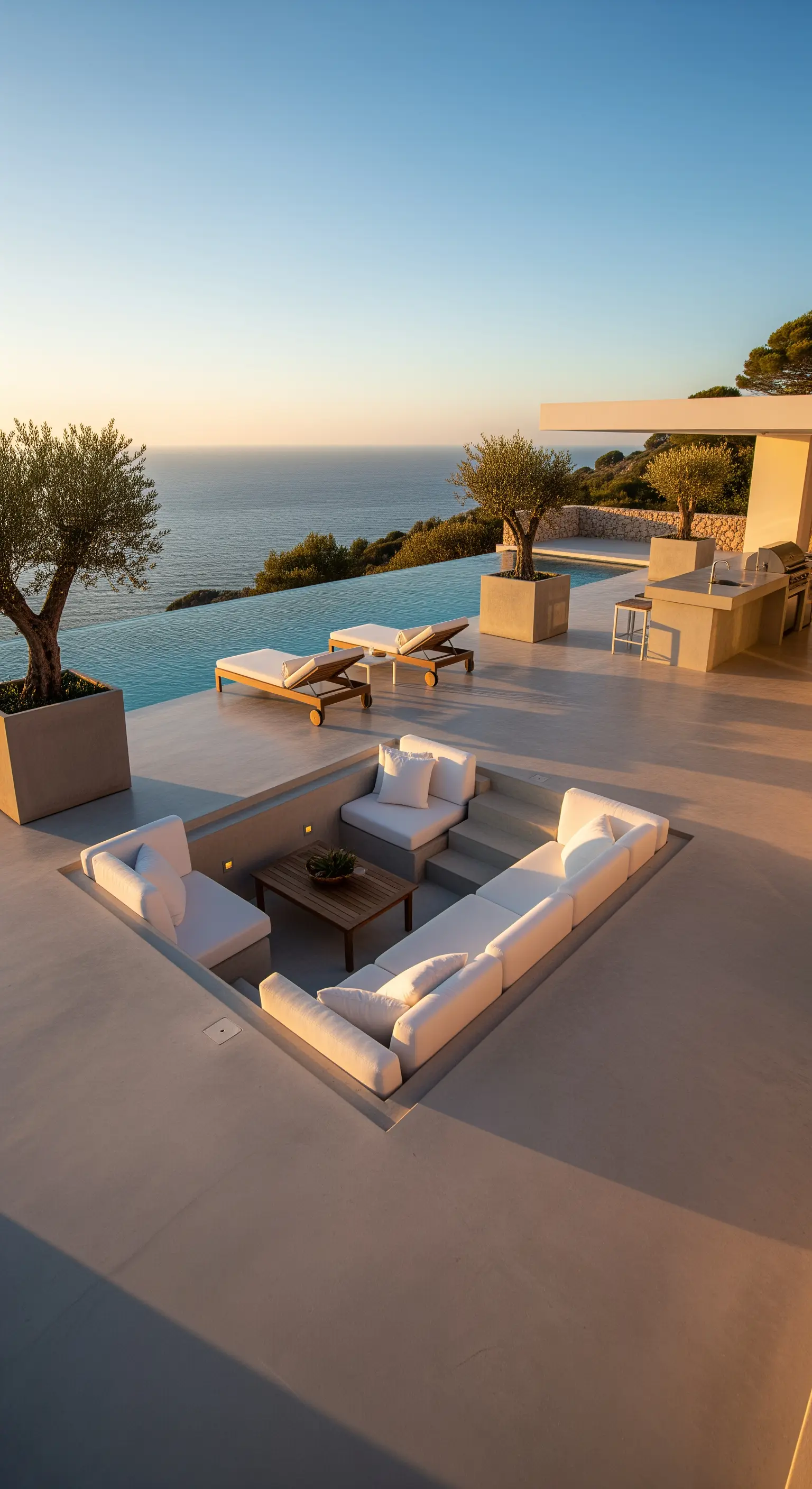 Salotto outdoor sommerso in cemento levigato con divani bianchi vicino a una piscina a sfioro.