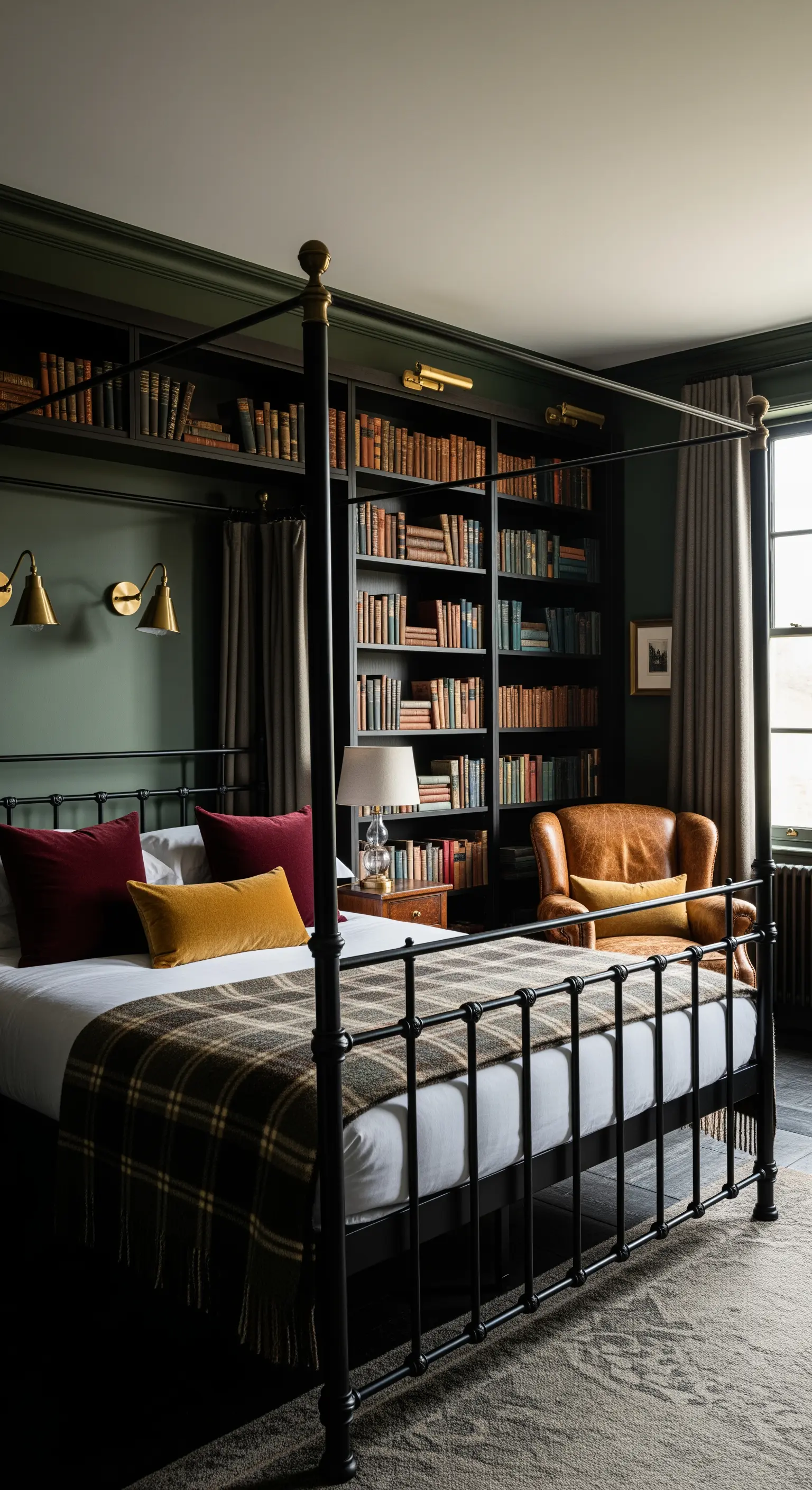 Letto a baldacchino nero con dettagli dorati davanti a una libreria a parete in una stanza scura.