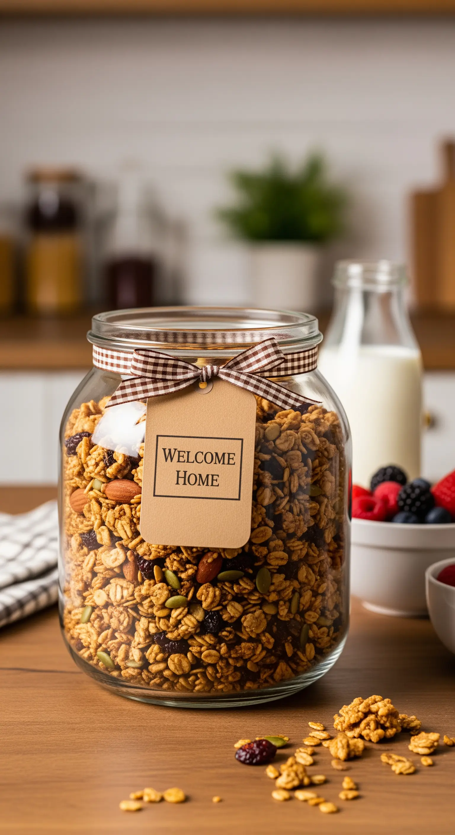 Barattolo di granola fatta in casa con nastro a quadretti e etichetta 