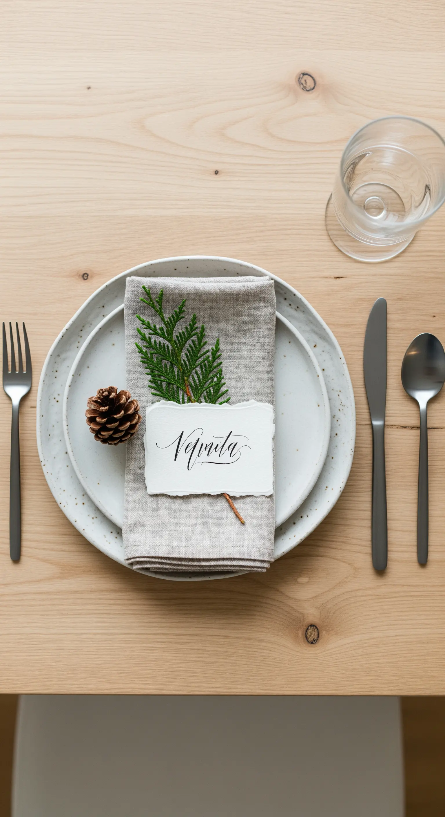Segnaposto su un piatto con tovagliolo di lino, pigna e cartoncino con nome calligrafato.
