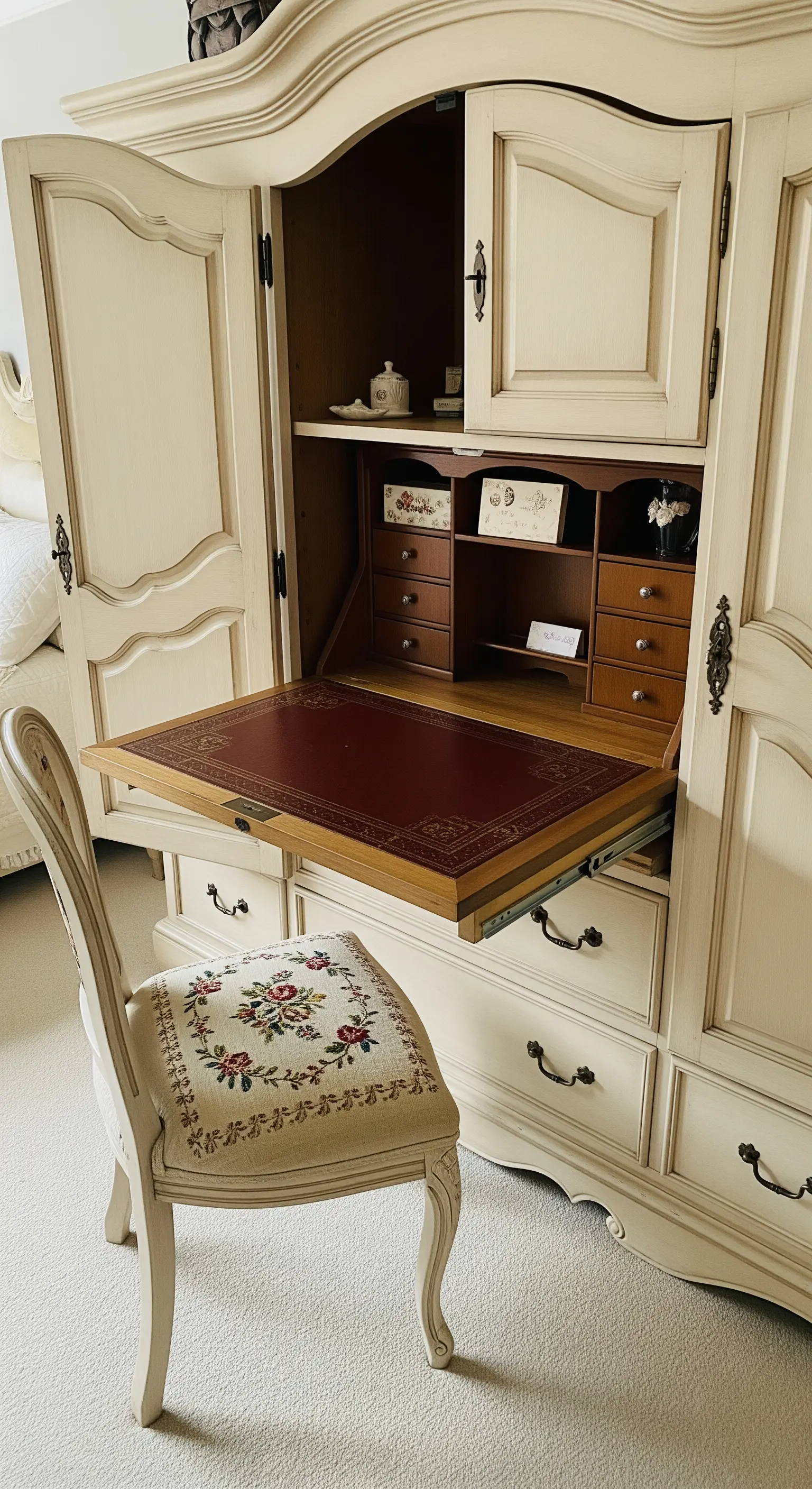 Armadio antico color crema con un'anta a ribalta che si trasforma in una scrivania con interni in legno.