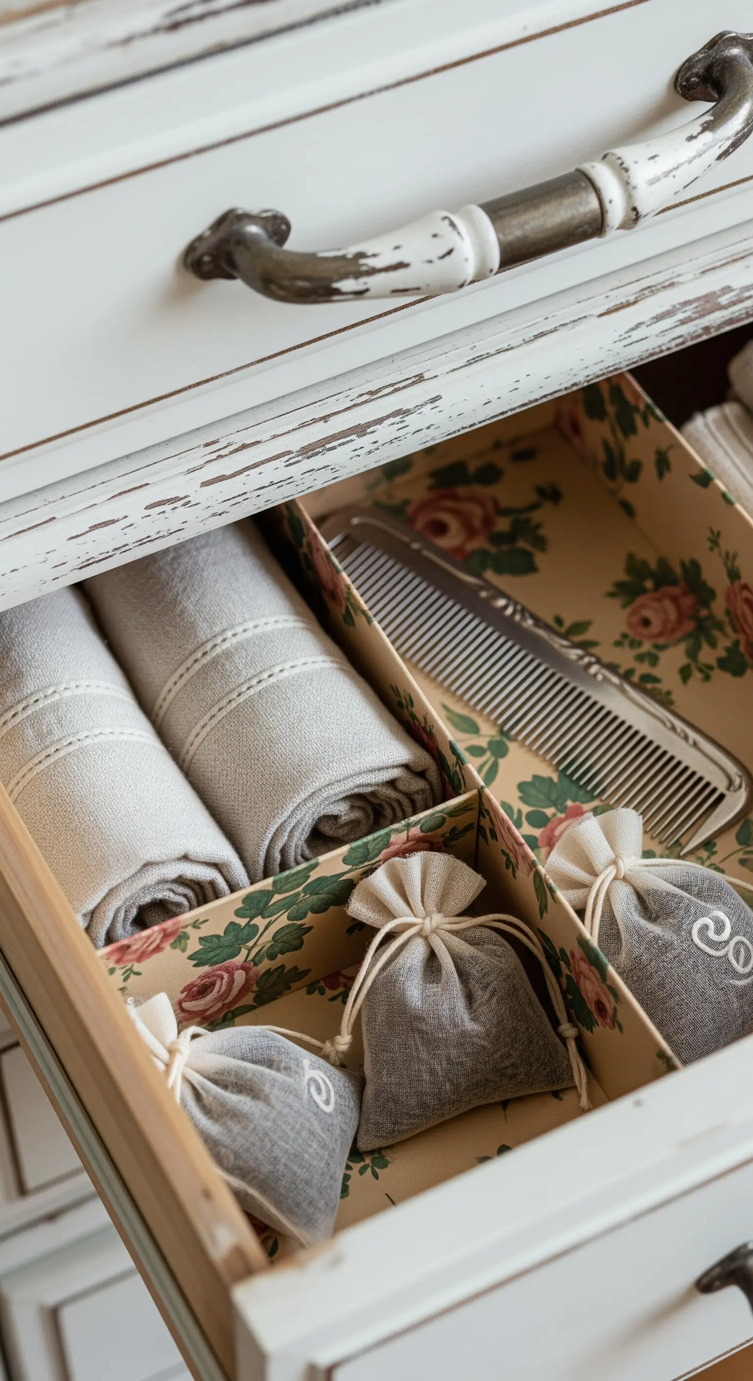 Interno di un cassetto bianco decapé rivestito con carta a motivi floreali e con divisori.