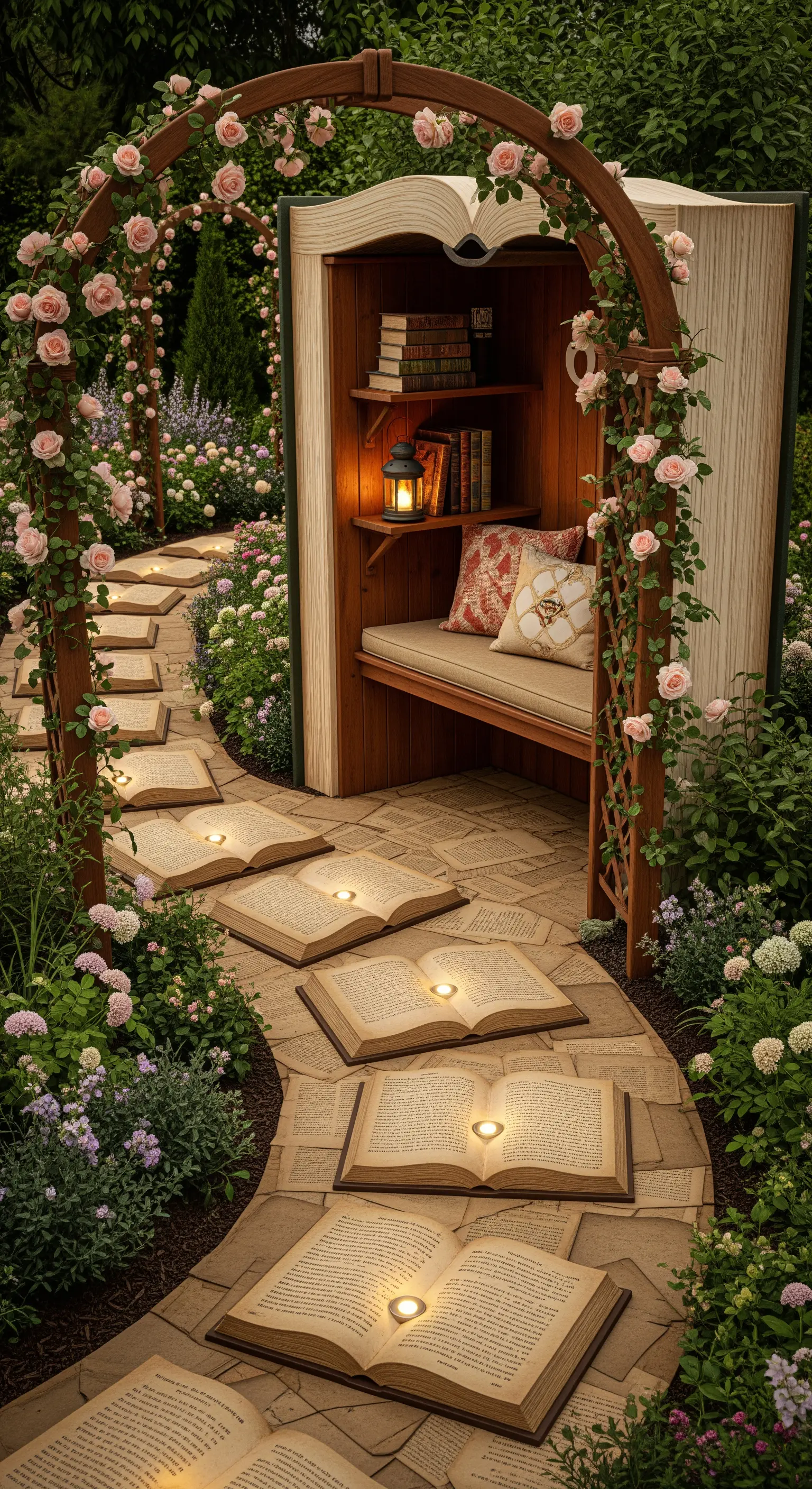 Sentiero da giardino con pietre a forma di libro che porta a una nicchia di lettura a tema.