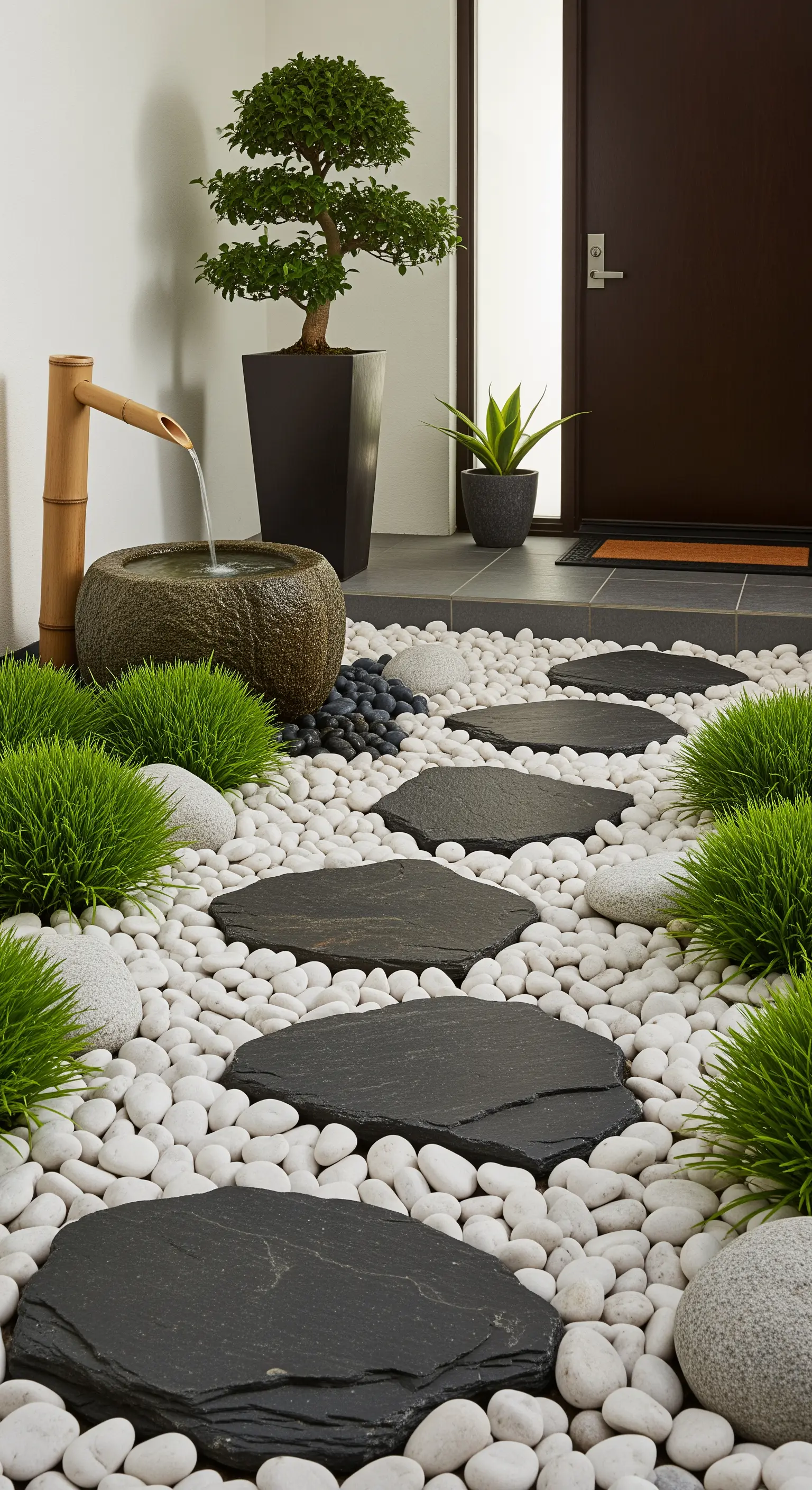 Ingresso di casa con sentiero in ardesia su ciottoli bianchi, fontana e bonsai