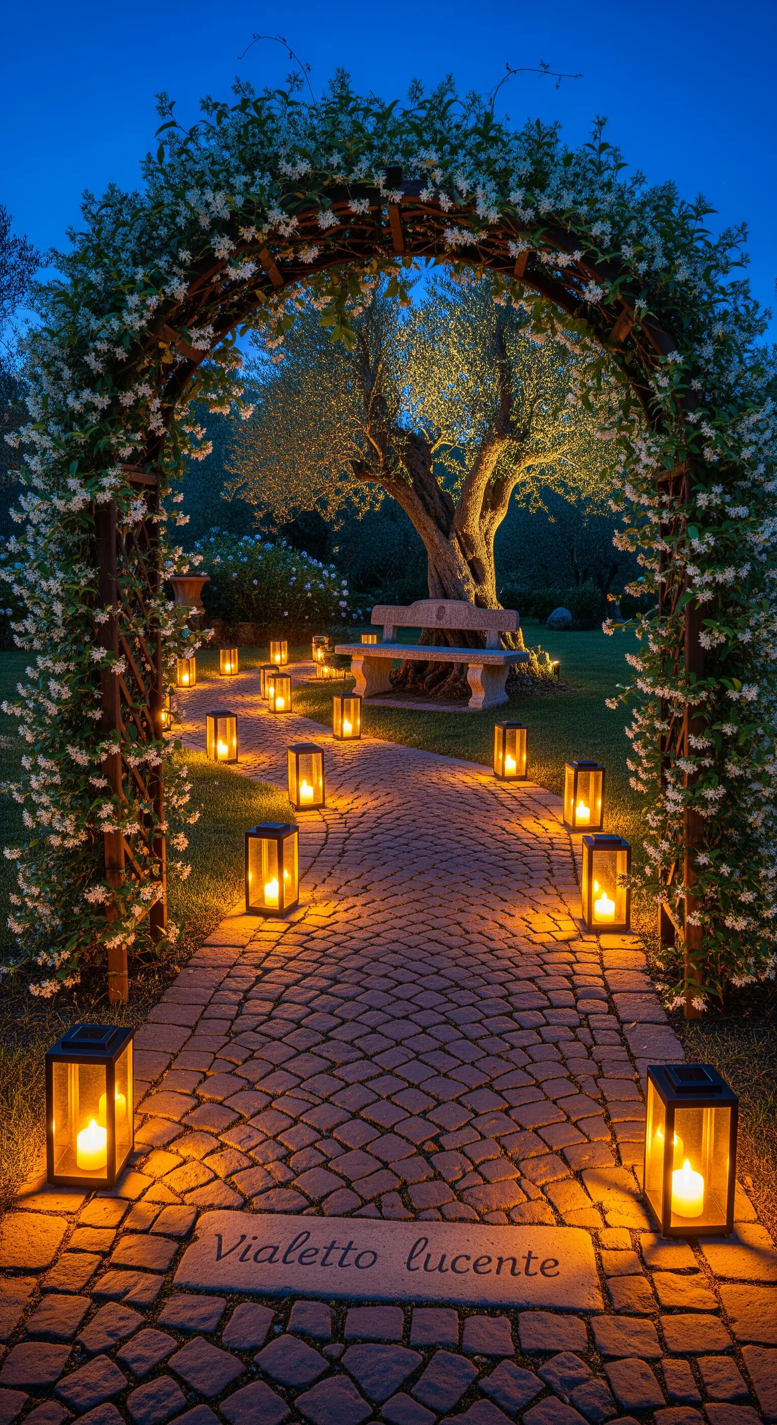 Vialetto in pietra illuminato da lanterne calde che conduce a un arco fiorito di gelsomino.