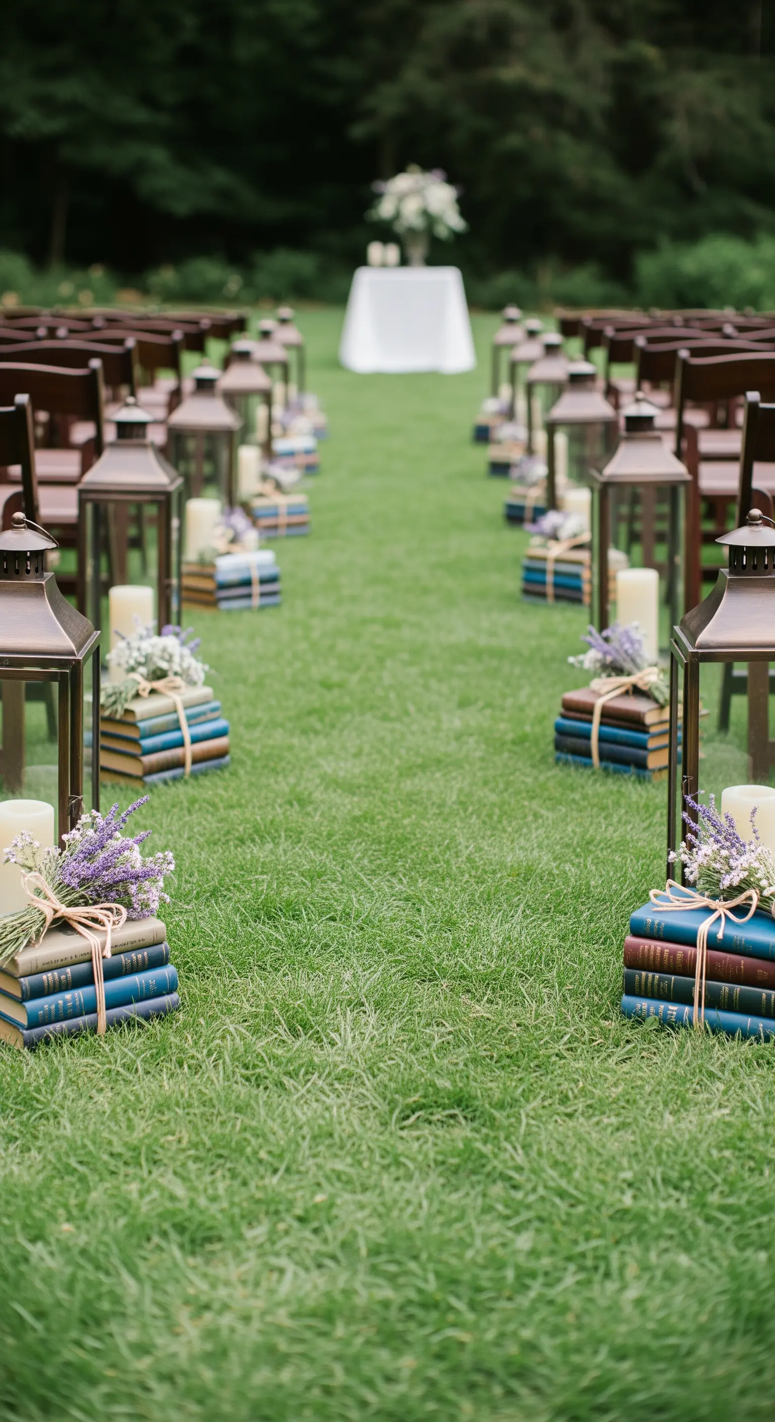 Decorazione della navata per una cerimonia all'aperto con lanterne e pile di libri antichi.