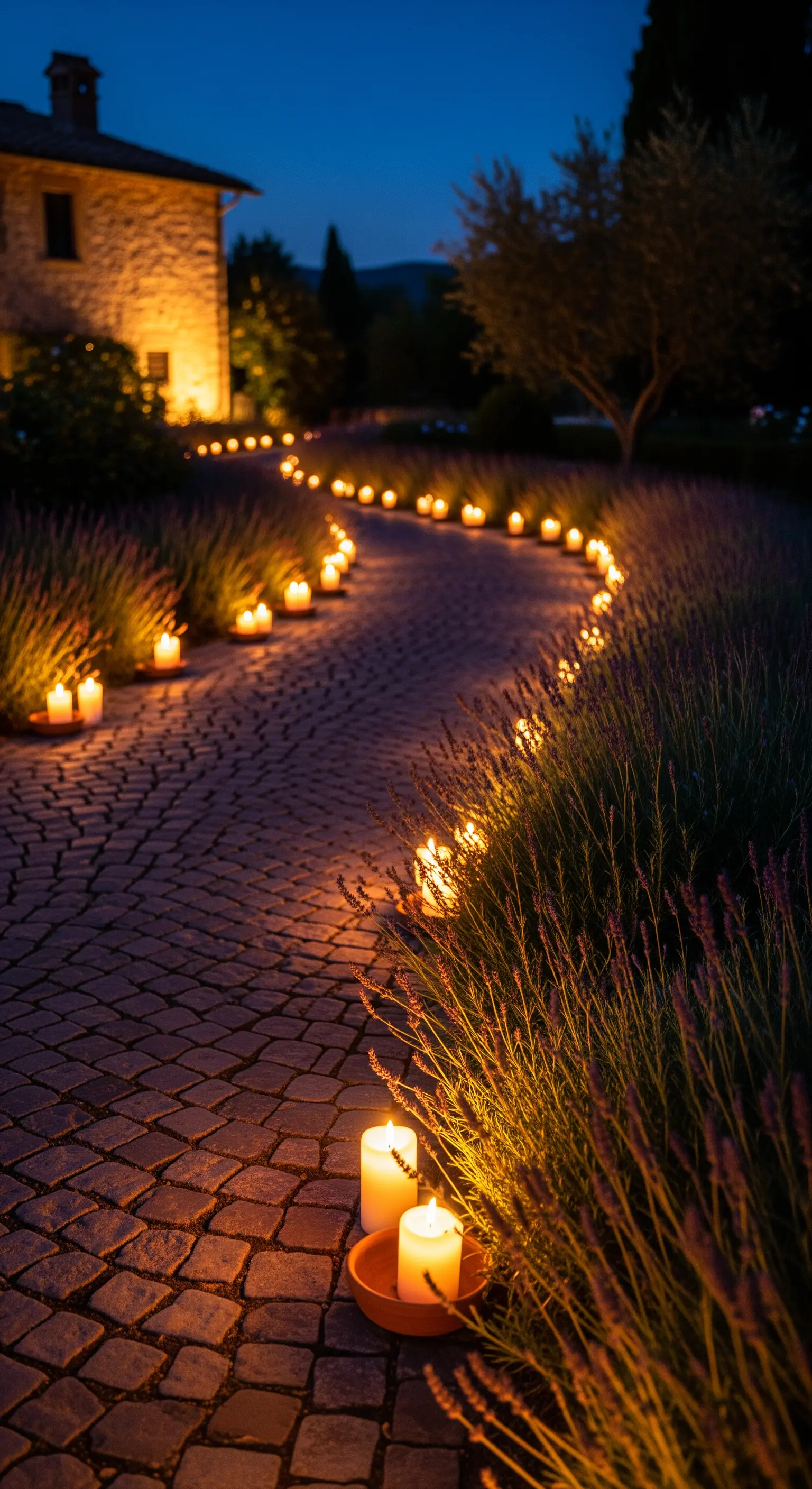 Sentiero in pietra illuminato da una fila di candele calde tra cespugli di lavanda di notte.