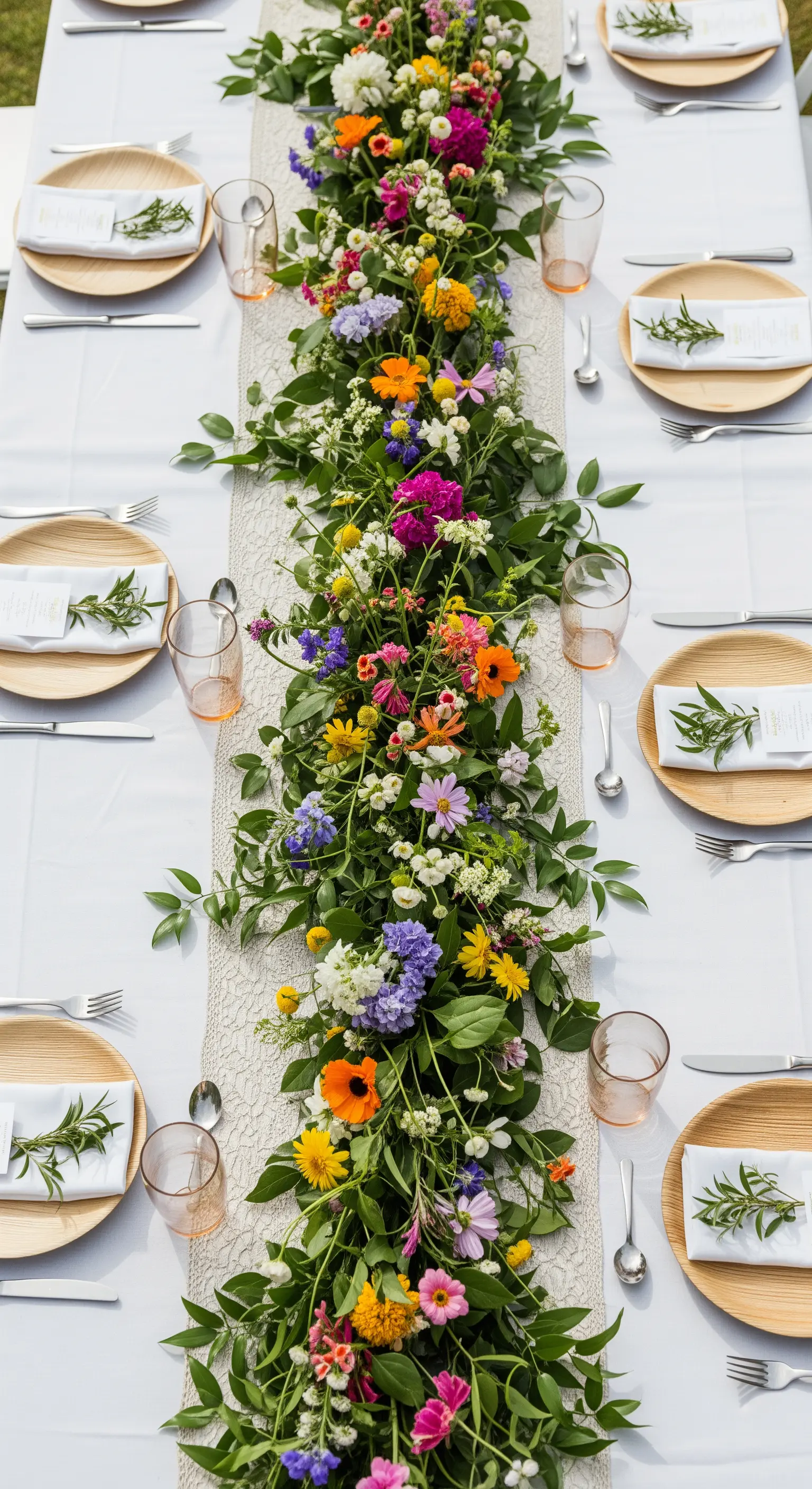 Lungo runner composto interamente da fiori di campo e foglie verdi su una tavola bianca