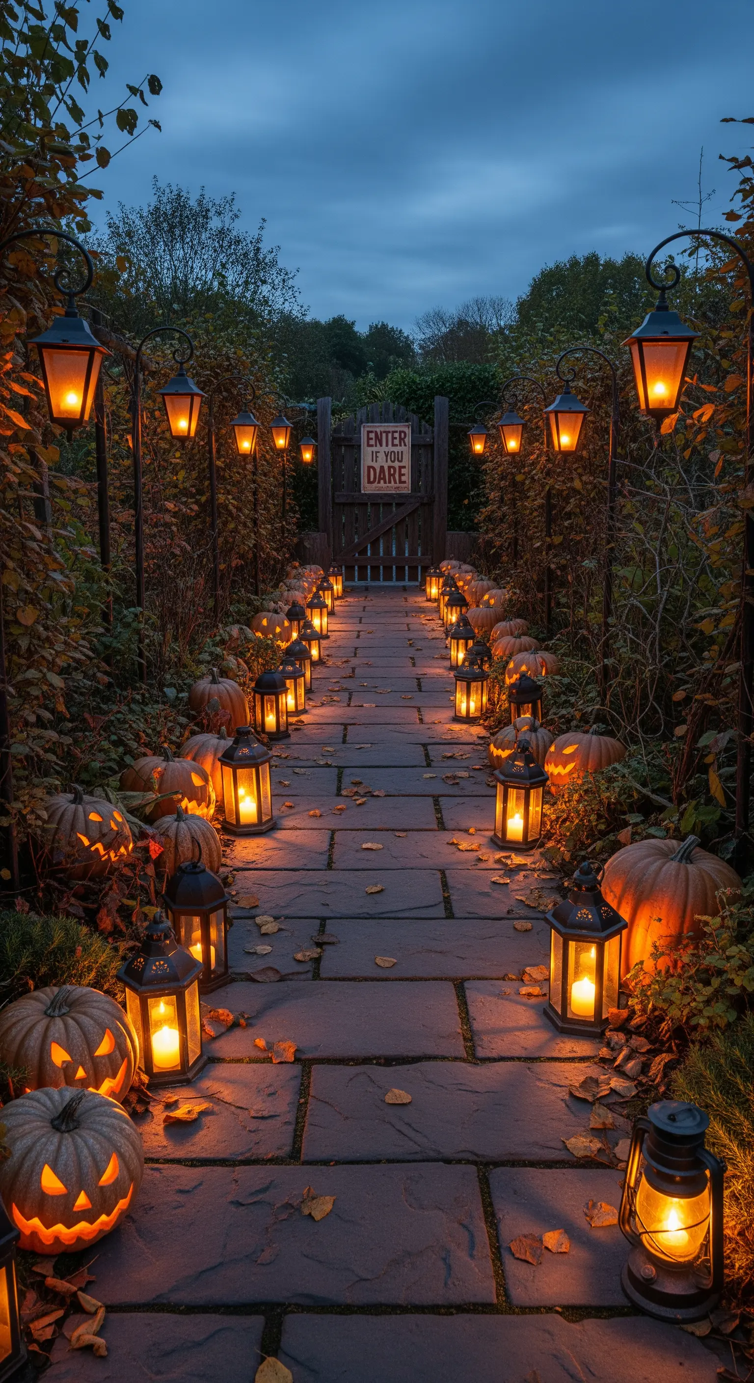 Vialetto in pietra illuminato da numerose lanterne e zucche intagliate che conduce a un cancello.