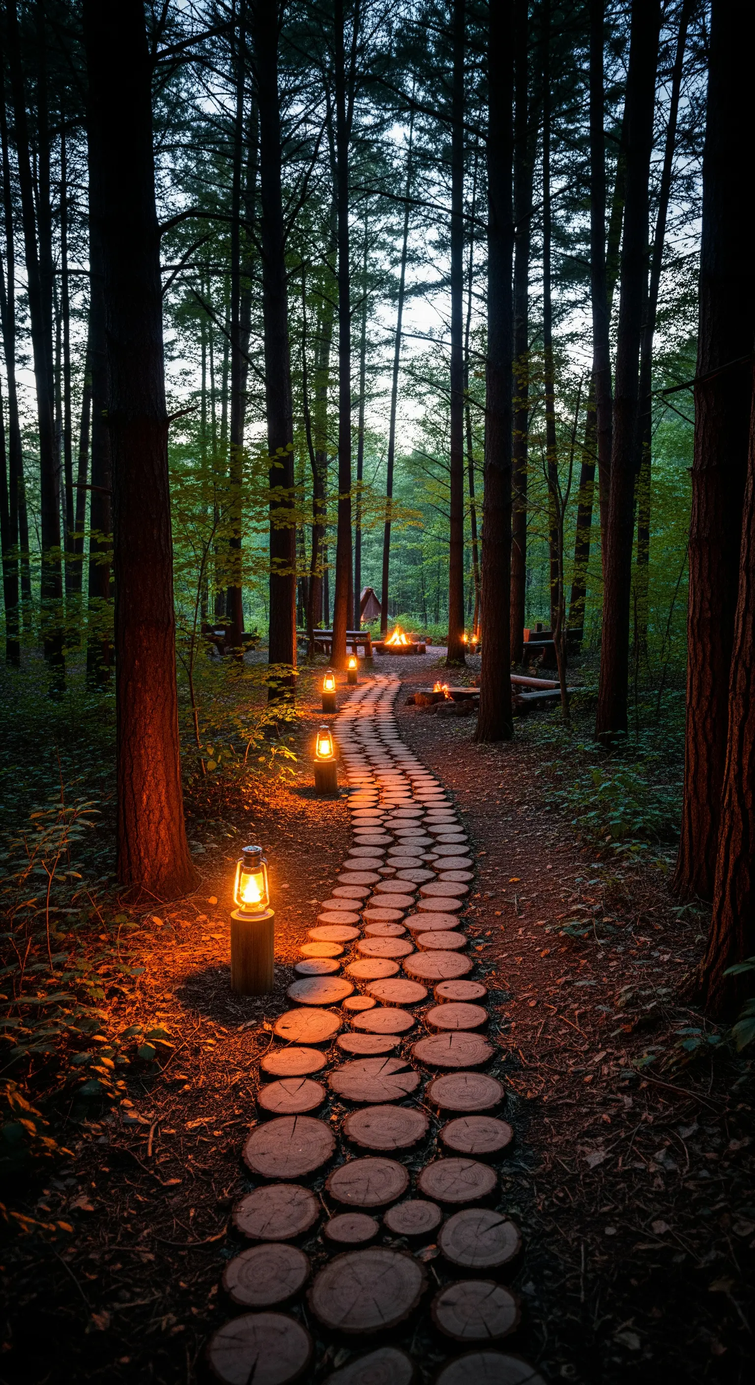Sentiero nel bosco fatto di sezioni di tronco, illuminato da lanterne a terra che portano a un fuoco.