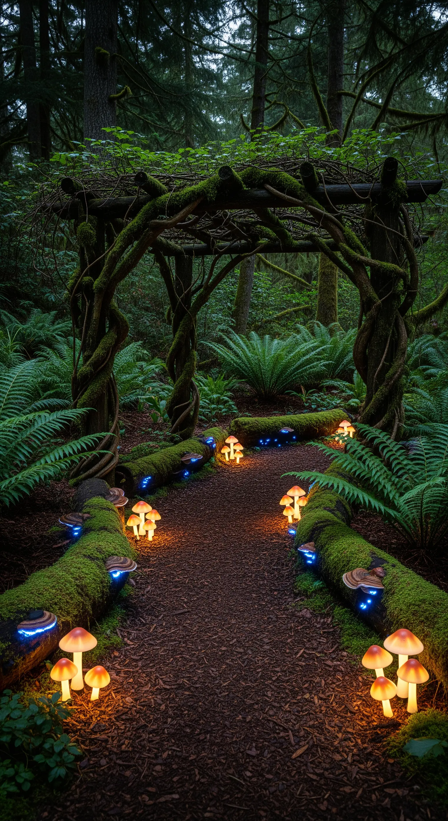 Sentiero in un bosco buio, fiancheggiato da piccole luci a forma di fungo che brillano nel muschio.