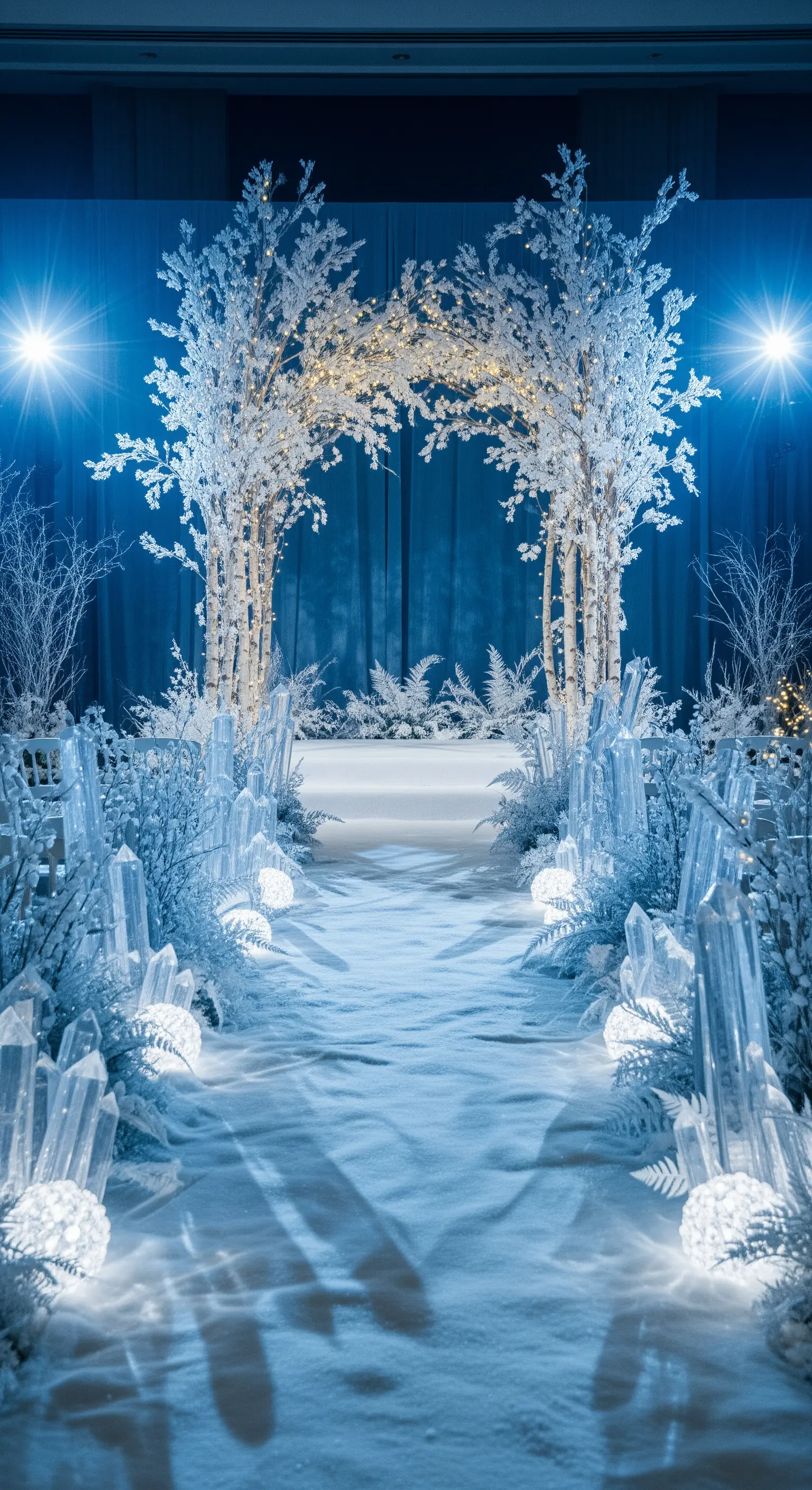 Ingresso per festa a tema invernale con alberi di betulla e cristalli di ghiaccio.