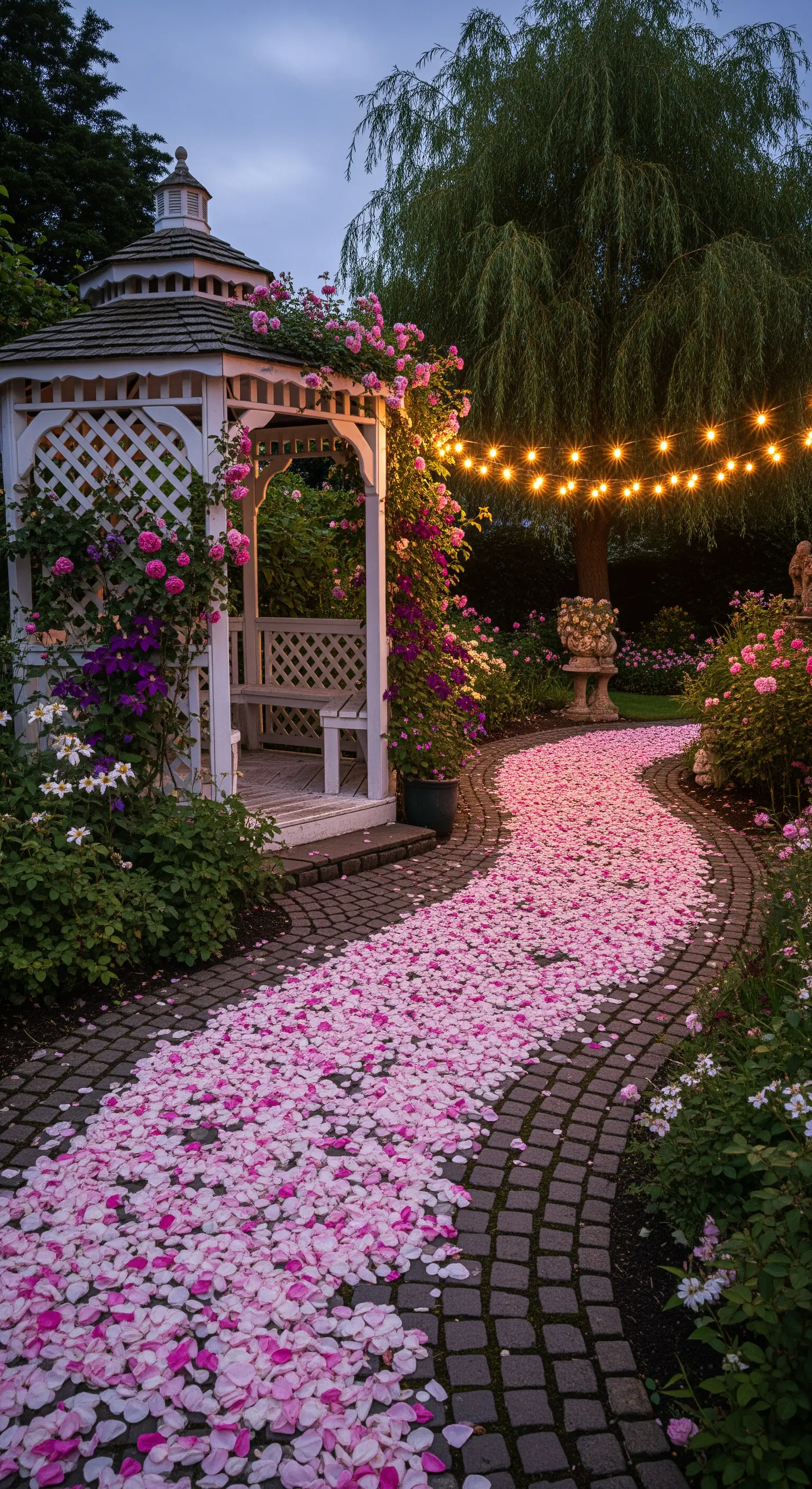 Gazebo in legno bianco con sentiero di petali rosa e lucine sospese tra gli alberi.