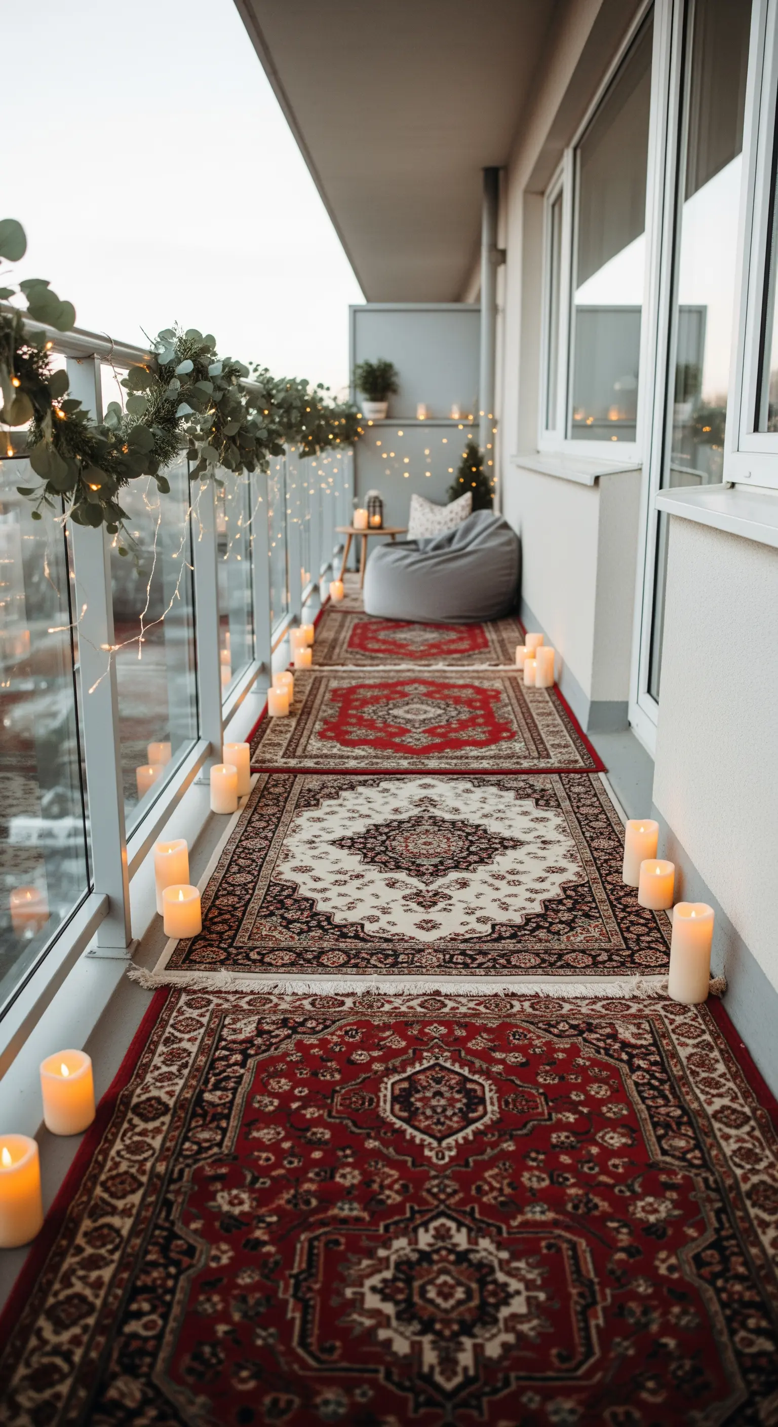 Balcone lungo allestito con una serie di tappeti persiani e file di candele.