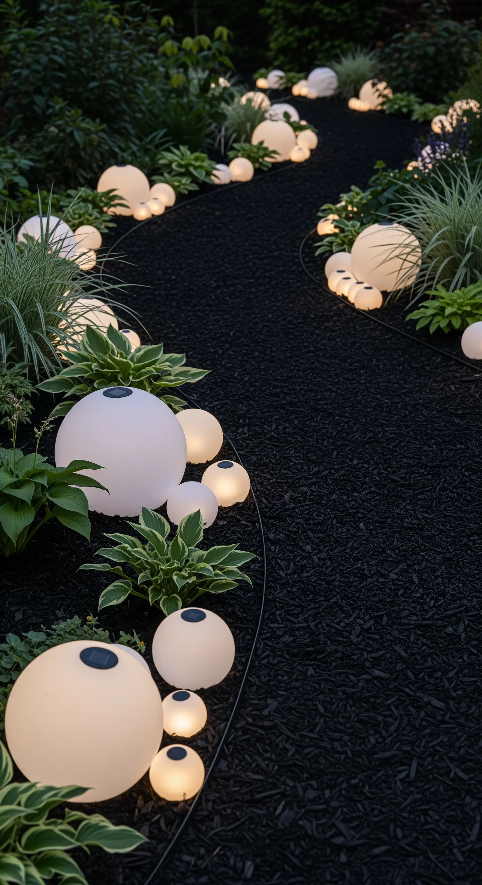 Sentiero scuro delimitato da sfere luminose a energia solare di diverse dimensioni.