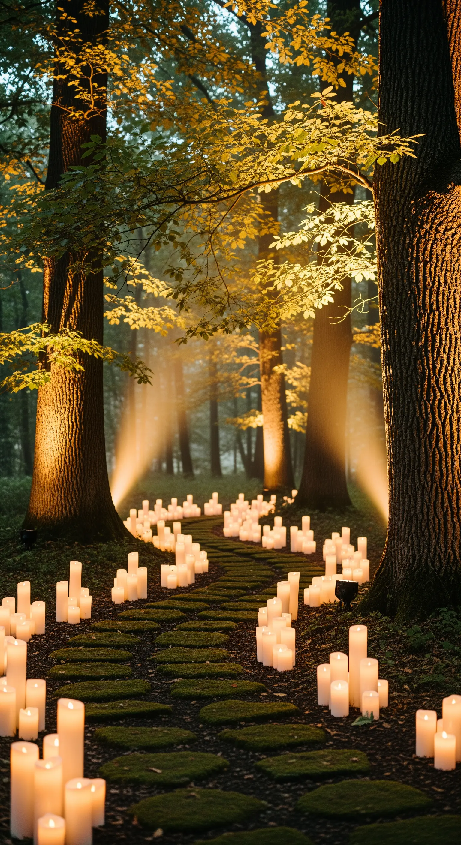 Sentiero nel bosco delimitato da centinaia di candele bianche e alberi illuminati da faretti.