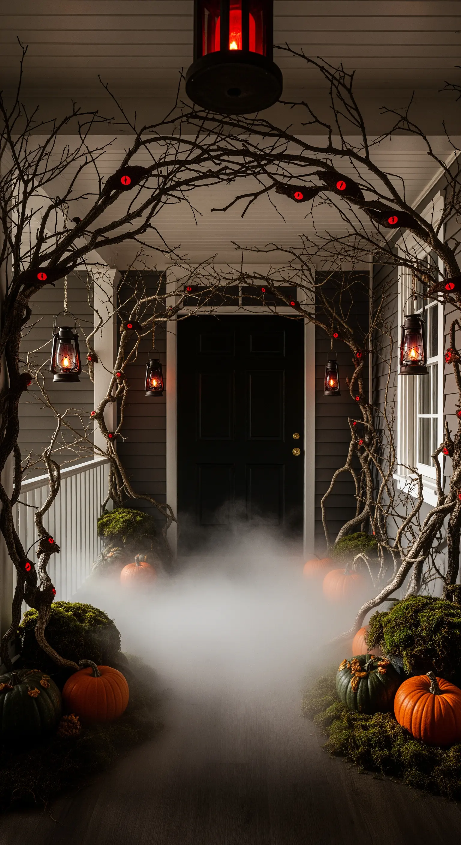Un portico trasformato in un sentiero boschivo con rami secchi, nebbia e lanterne spettrali.