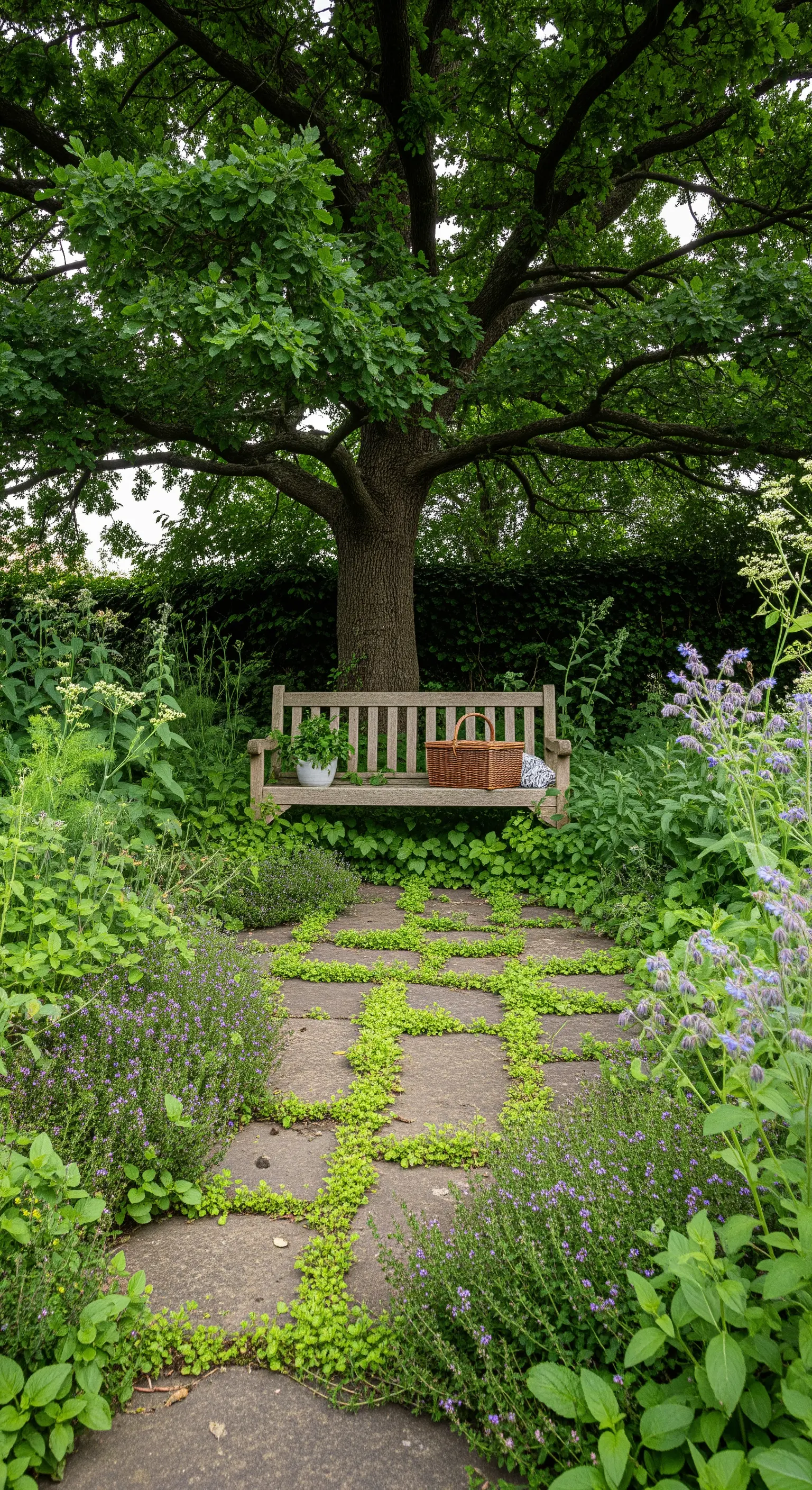 Panchina in legno in un angolo appartato, raggiungibile da un sentiero con timo strisciante.