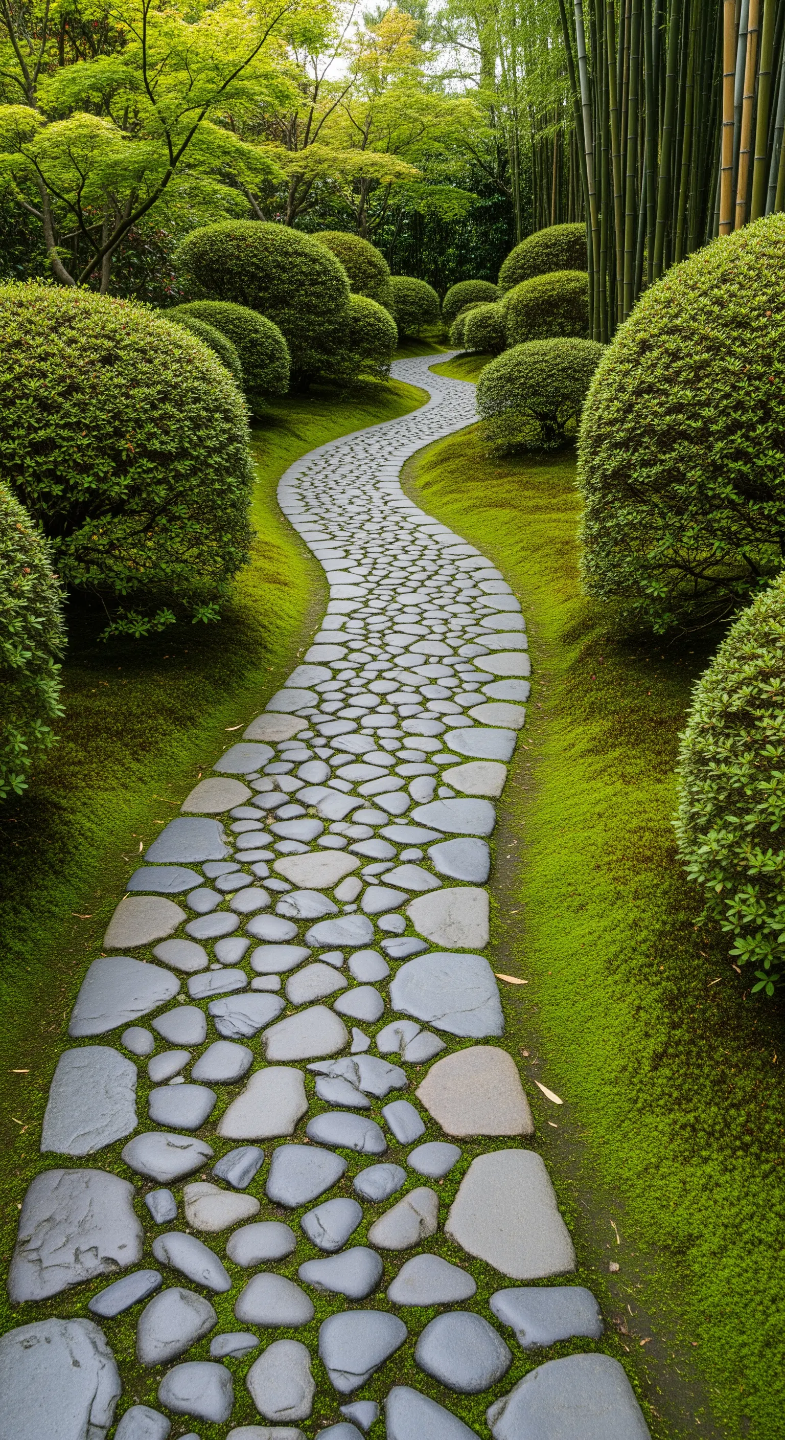 Sentiero sinuoso in pietra grigia, circondato da muschio verde e arbusti potati.