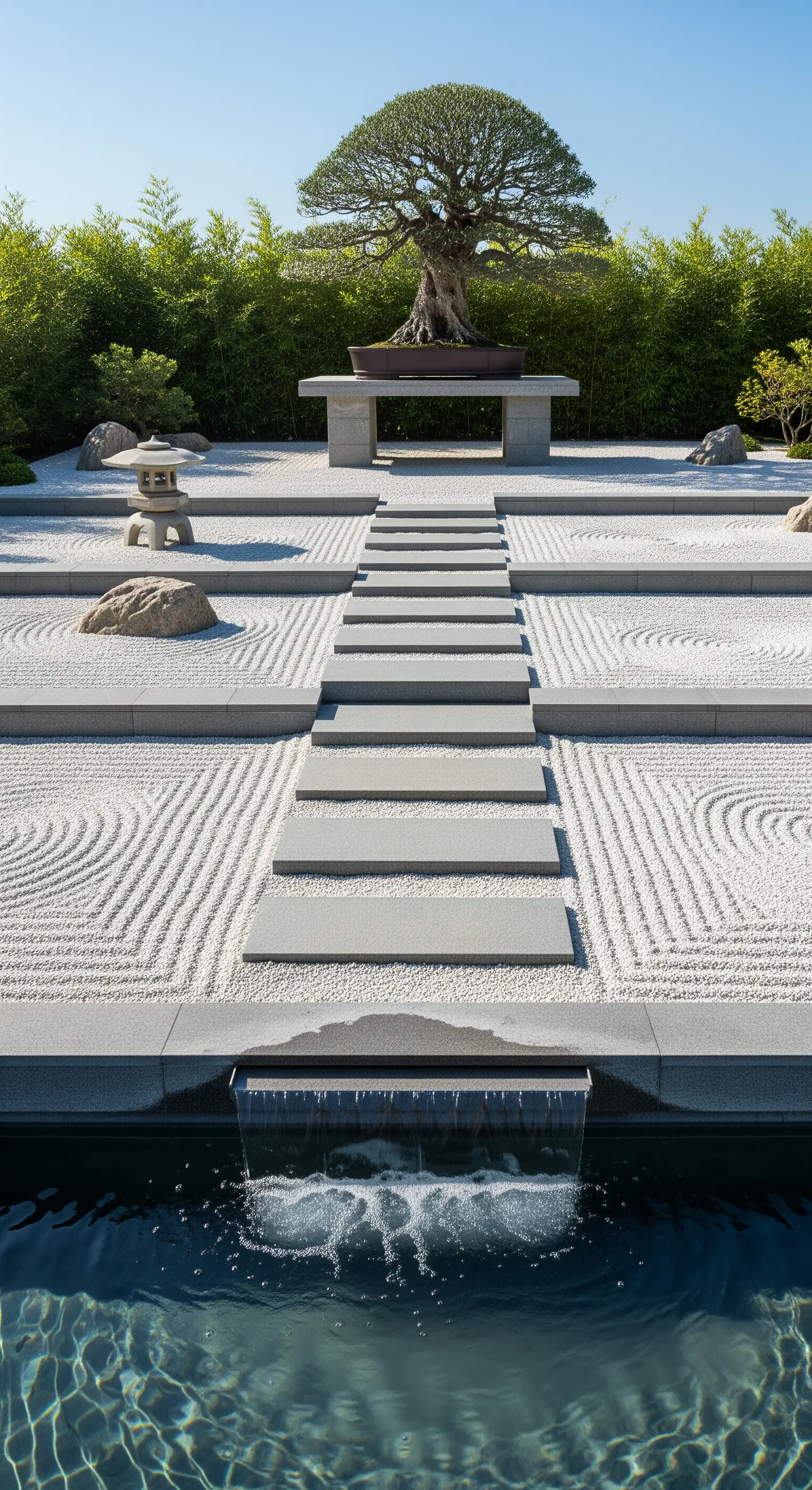 Sentiero di lastre di pietra sospeso su un giardino zen con sabbia, acqua e un grande bonsai
