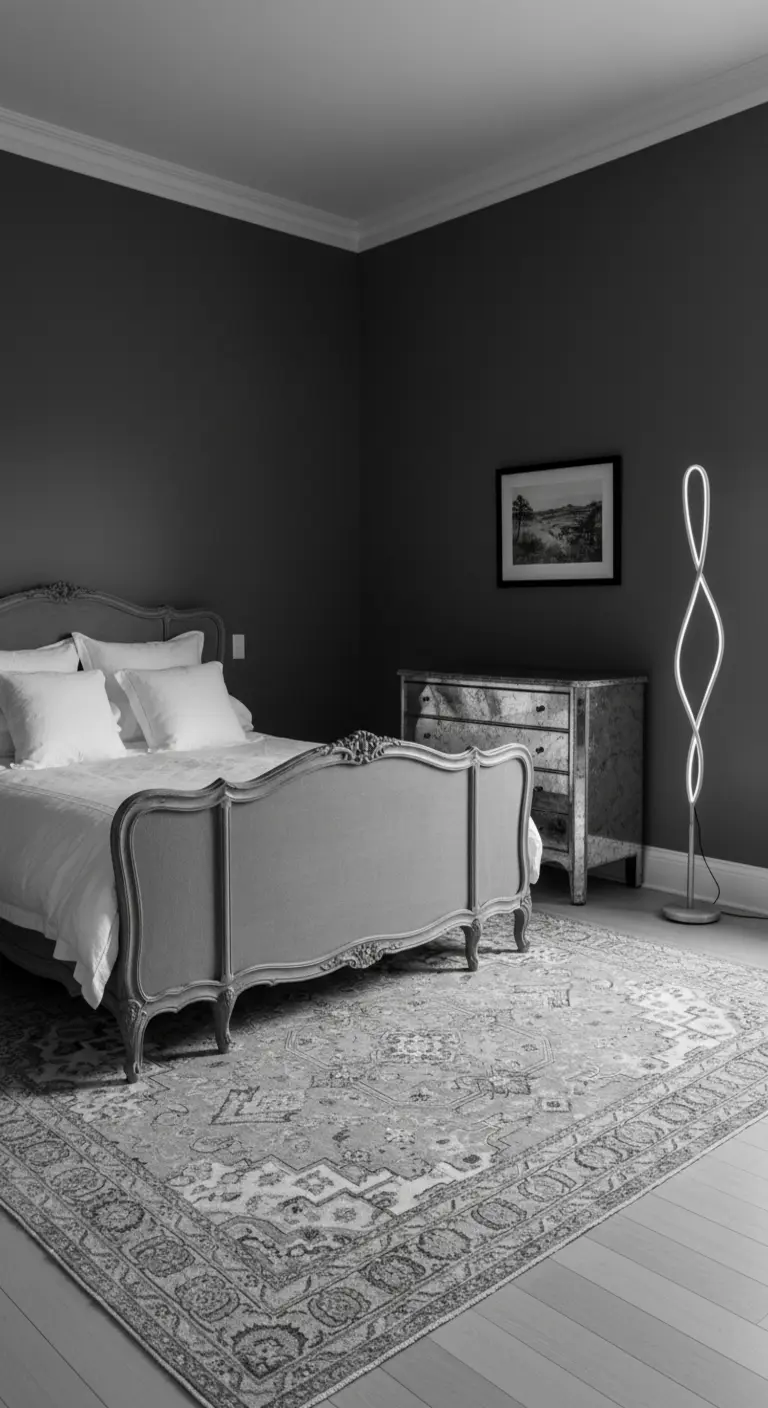 Camera da letto in bianco e nero con letto classico e tappeto persiano.